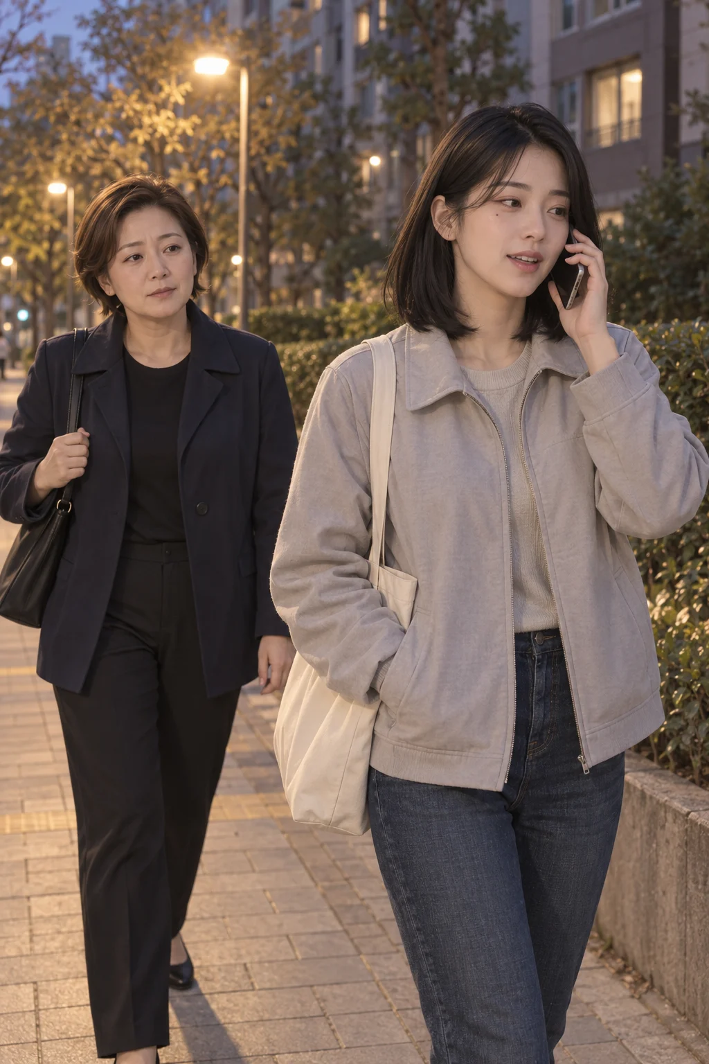 친구와 잡은 약속 — 딸이 휴대전화로 친구와 통화하며 걷고 수진은 뒤에서 보폭을 늦춘다.