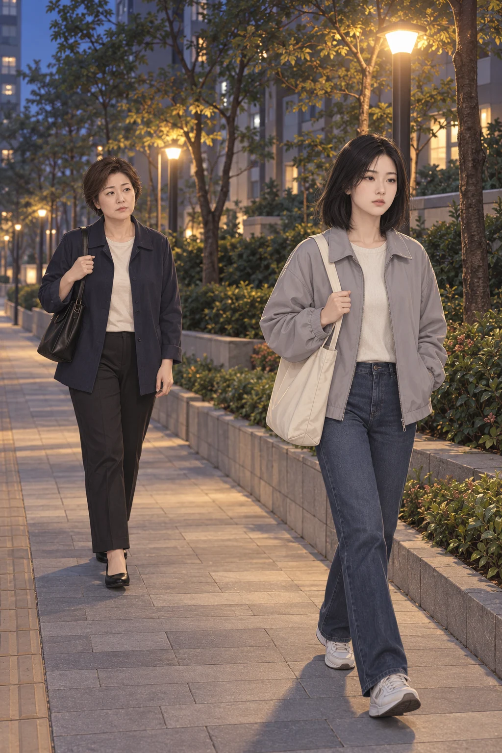 퇴근길의 속도 — 딸이 수진보다 몇 걸음 앞서 보행로를 걷고 수진이 뒤따른다.