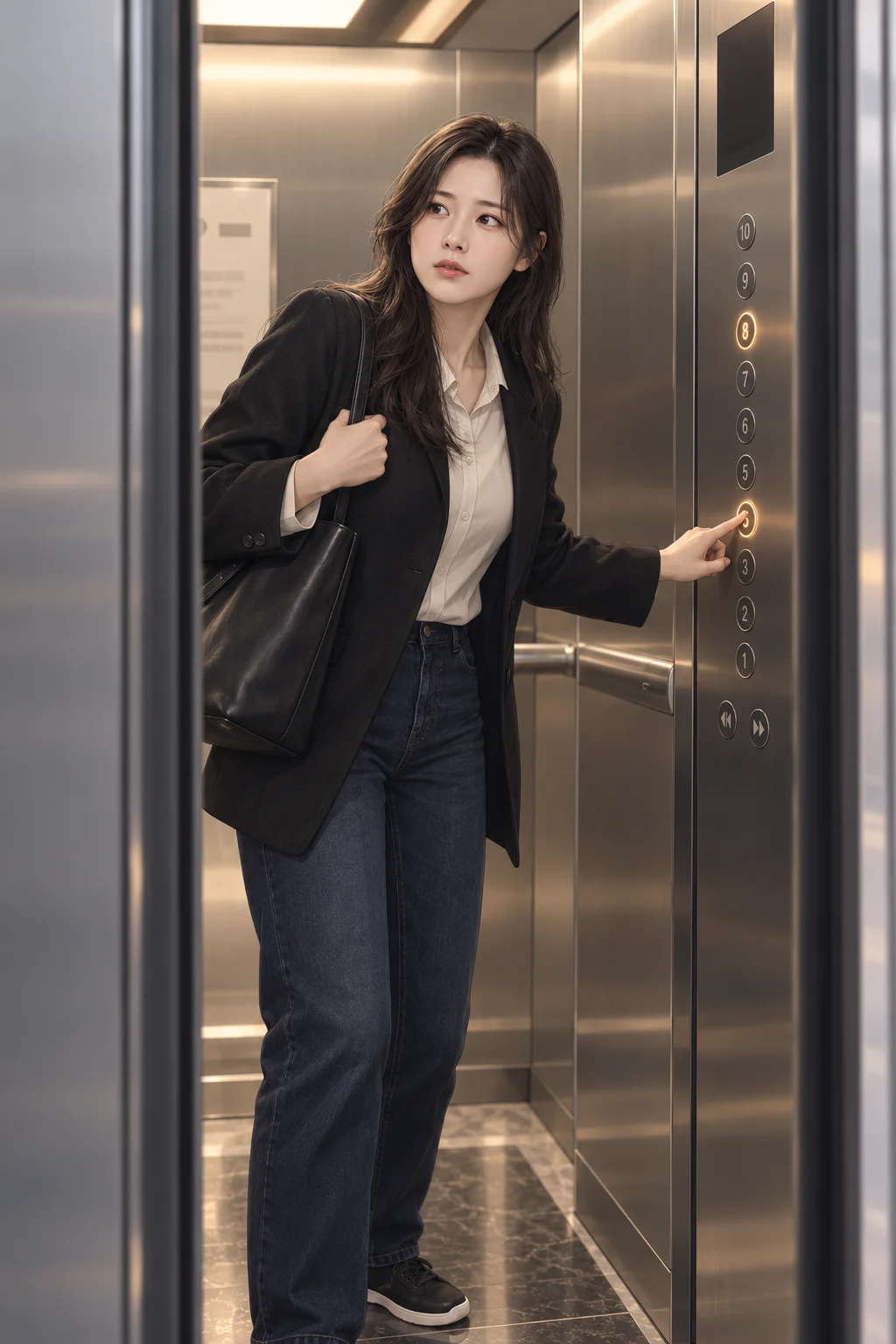 닫히는 문 — 서하가 닫히는 엘리베이터 문 사이로 몸을 밀어 넣고 안쪽 층수 버튼 앞에 서요. 8층 버튼에 불이 켜진 상태에서 손을 뻗어 5층 버튼을 다시 눌러요.