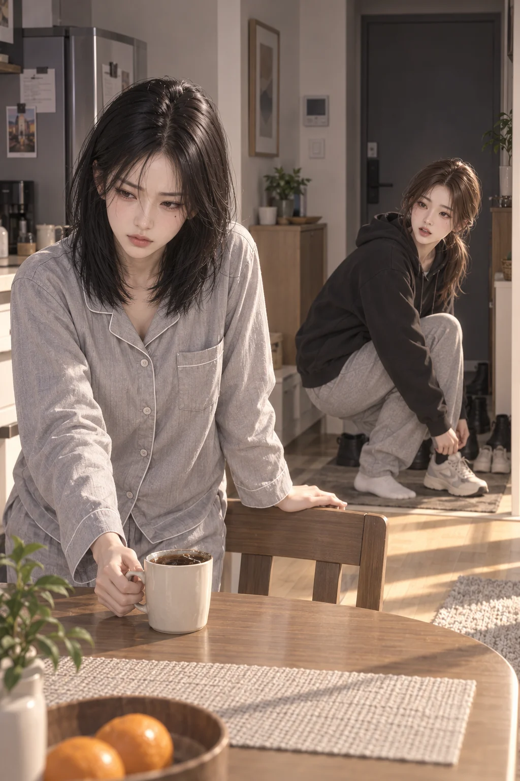 — 다연이 커피가 든 컵을 식탁에 내려놓는 순간 민지가 현관 쪽에서 다시 말을 걸어요. 컵 안의 커피가 가장자리까지 출렁여요.