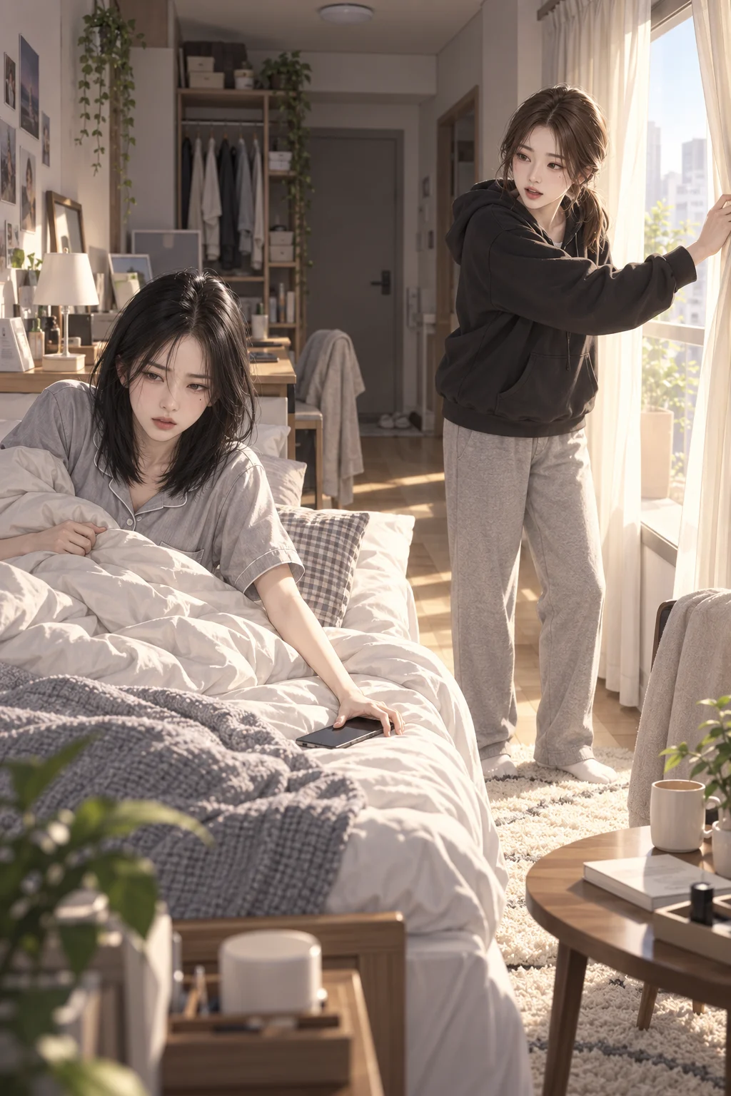 — 민지가 창가 커튼을 확 열고 침대 곁에 서서 다연을 깨워요. 다연은 이불 속에서 몸을 일으키며 휴대전화를 찾아요.