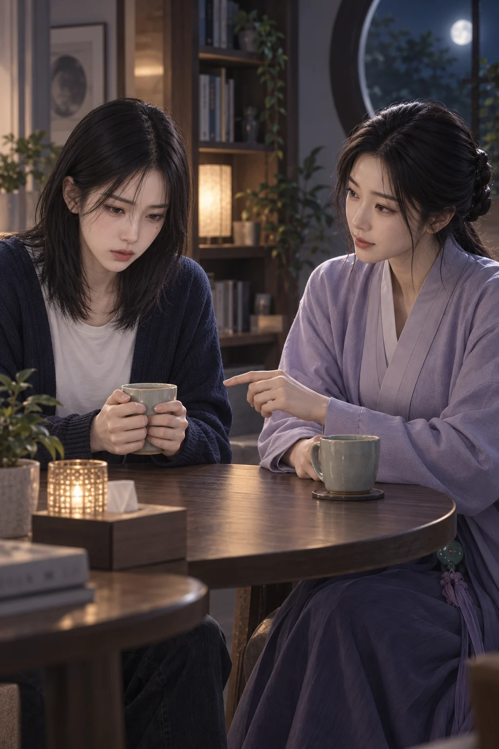 — 다연이 컵을 감싼 채 아침의 일을 설명해요. 달빛 선녀는 맞은편에서 다연의 손과 얼굴을 번갈아 살펴봐요.