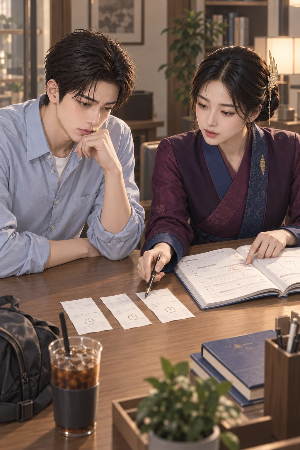멈춘 시각 — 준호가 카페 영수증 세 장을 테이블 위에 나란히 놓고, 새벽 학사가 영수증의 시각과 문제집의 표시를 번갈아 가리켜요.