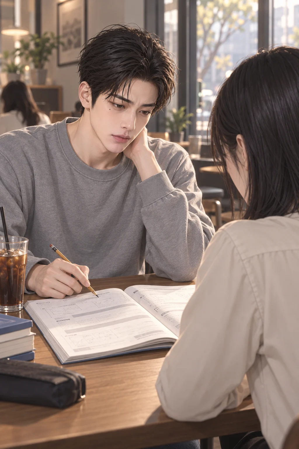 같은 페이지 — 민아가 준호 맞은편에 앉아 열린 문제집을 바라보고, 준호는 같은 페이지 위에 연필을 멈춘 채 책을 내려다봐요.