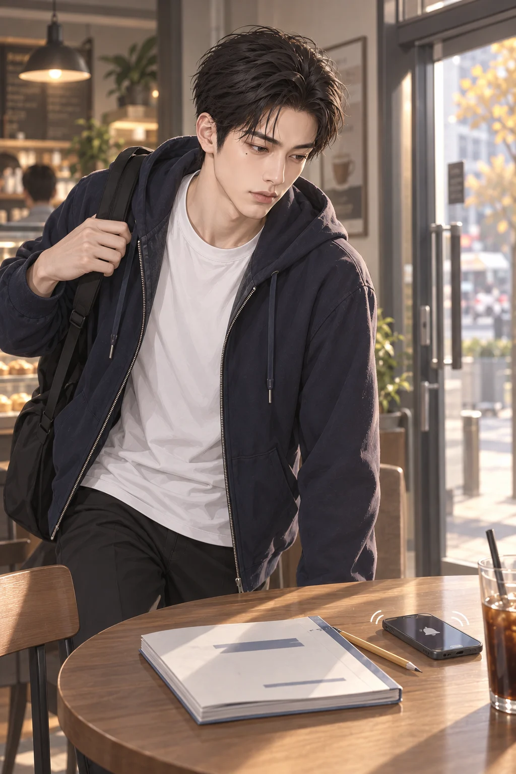 책을 덮은 시각 — 알람이 울린 휴대전화 옆에서 준호는 풀다 만 문제를 남겨 둔 채 문제집을 덮고 가방을 들어요.