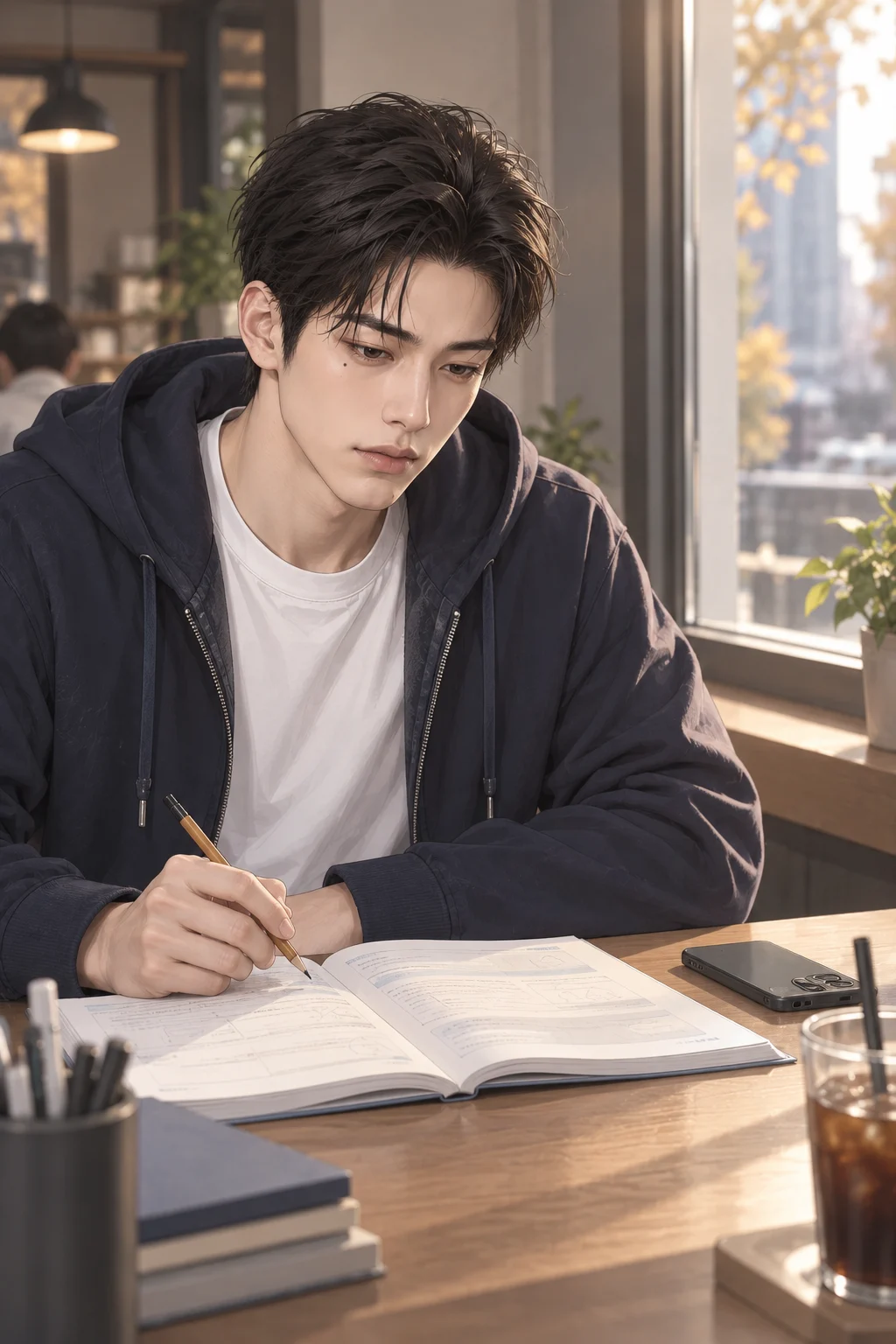 첫 알람 전 — 준호가 문제집 첫 장을 펼쳐 놓고 휴대전화에 알람을 맞춘 뒤, 연필을 문제 옆에 내려놓아요.
