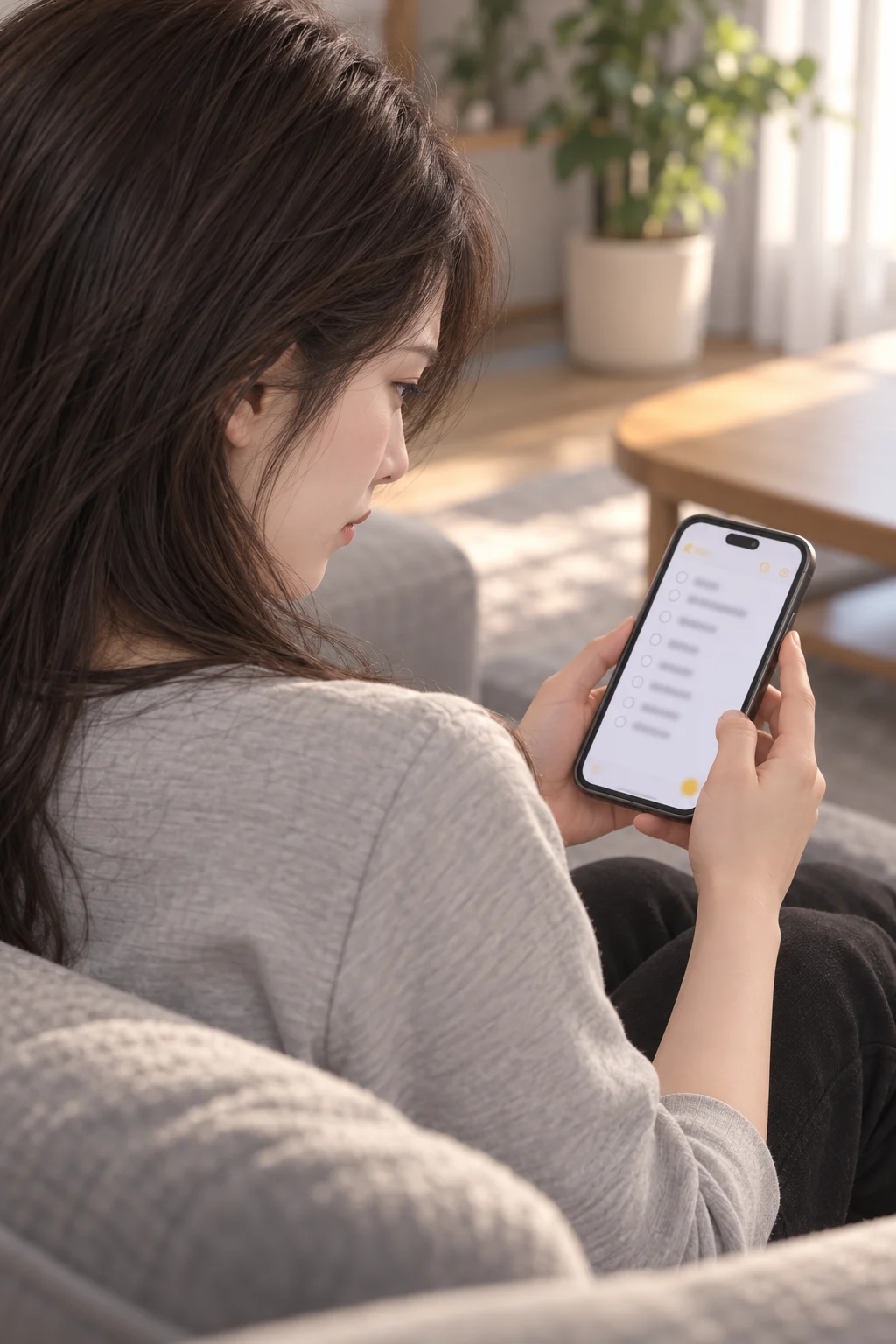 予定のお知らせ――スジンはソファに座って、スマートフォンの画面を見つめます。