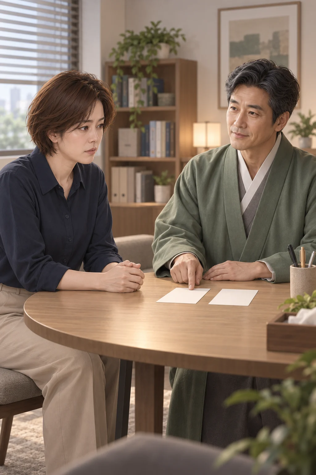 — 지나가 케이크를 사 온 장면과 민호가 말하지 말라고 한 장면을 차례로 이야기해요. 청운 선생은 테이블 위에 놓인 두 장의 빈 메모지를 가리키며 두 장면을 나누어 보자고 해요.