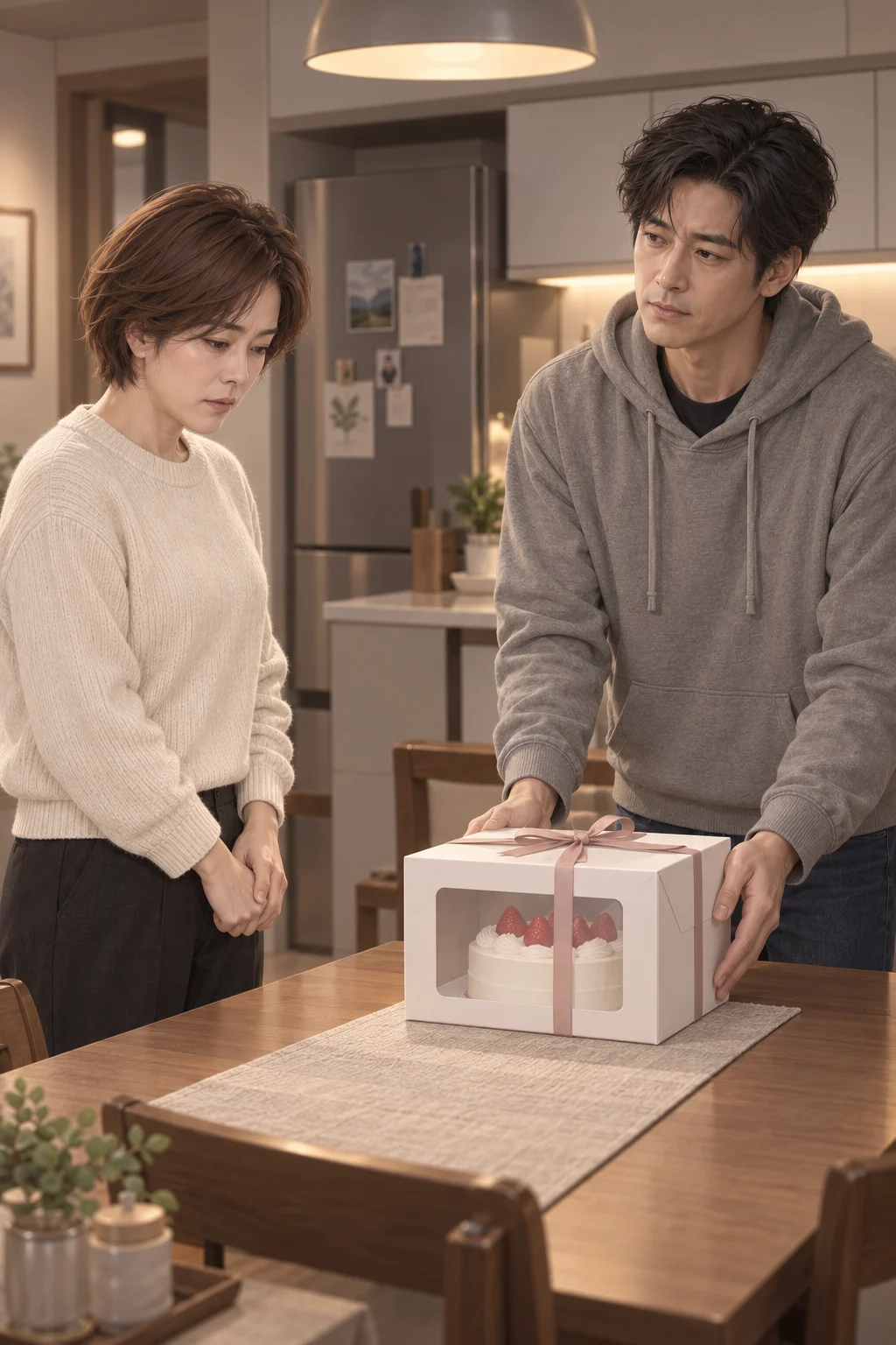 — 결과를 기다리는 동안 태수가 케이크를 사 와 식탁 가운데 내려놓아요. 지나가 상자와 태수를 번갈아 바라봐요.