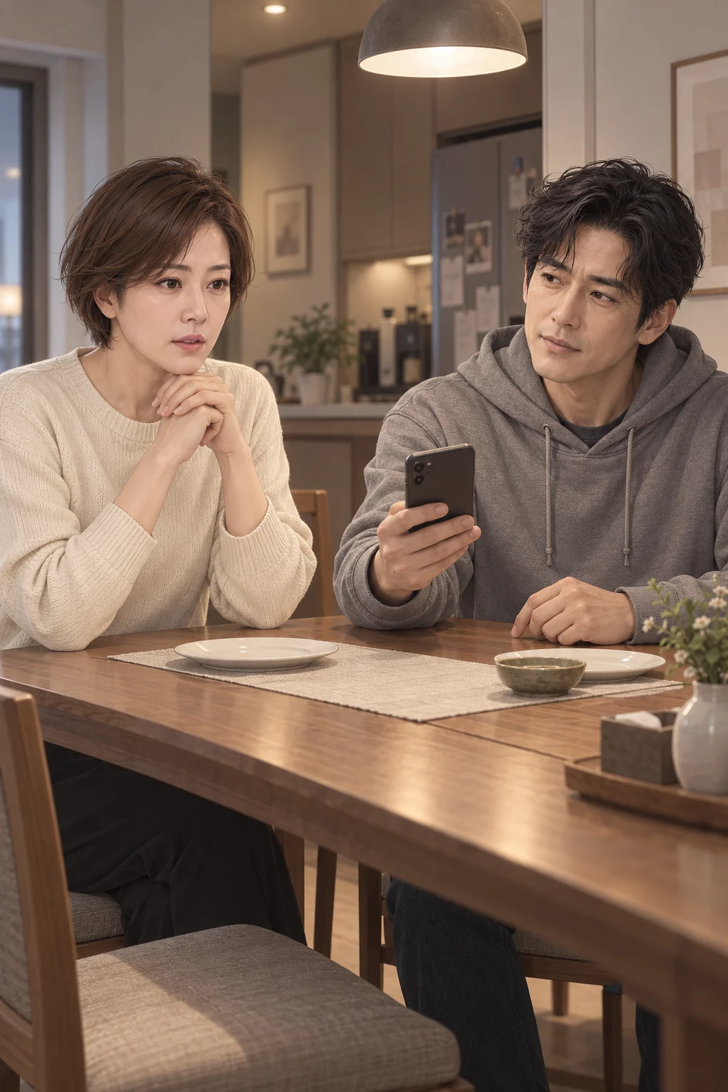 — 태수가 가족 단체 대화방에 민호의 오디션 결과를 기다린다며 토요일 축하 약속을 올려요. 지나는 맞은편에서 그 화면을 바라봐요.