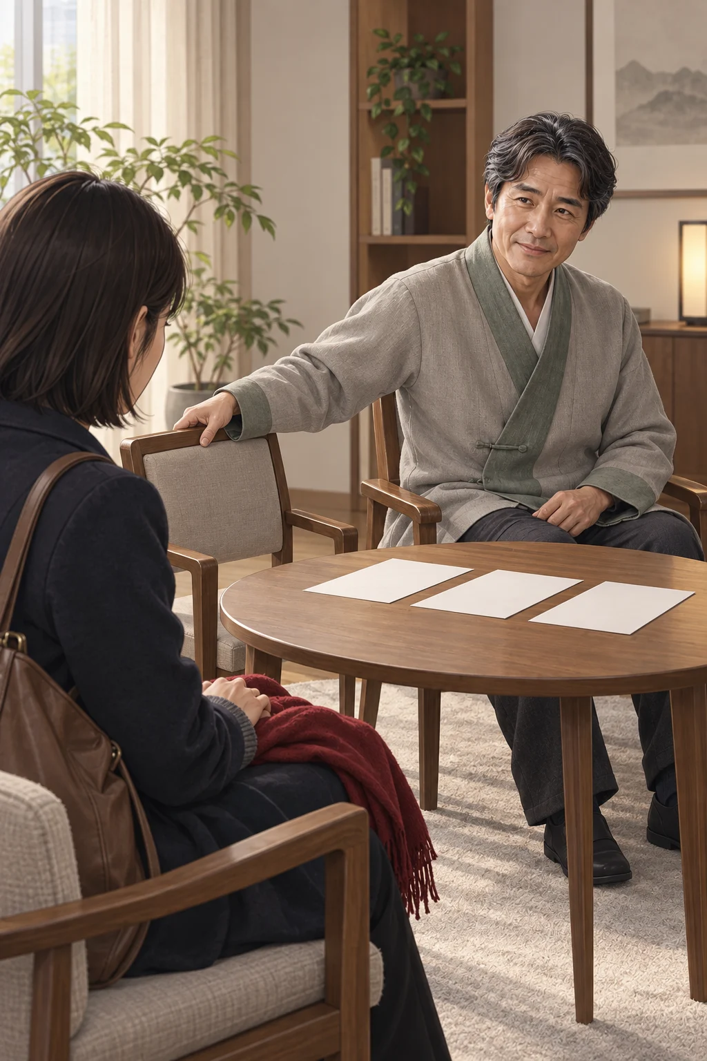 03 · 빈 의자 하나 — 온유 선생은 지우의 빨간 목도리를 치우지 않고, 탁자 옆의 빈 의자 하나를 조용히 당겨 놓는다. 지우는 목도리를 무릎 위에 둔 채 그 의자를 바라본다.