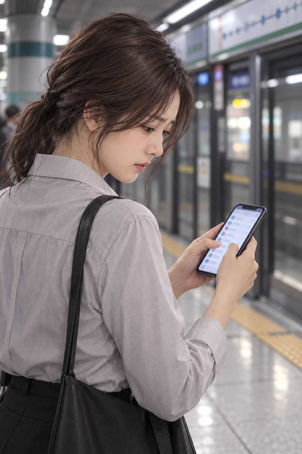 연락처 목록을 내려요 — 윤아가 휴대전화 화면을 보며 연락처 목록을 천천히 내려요.