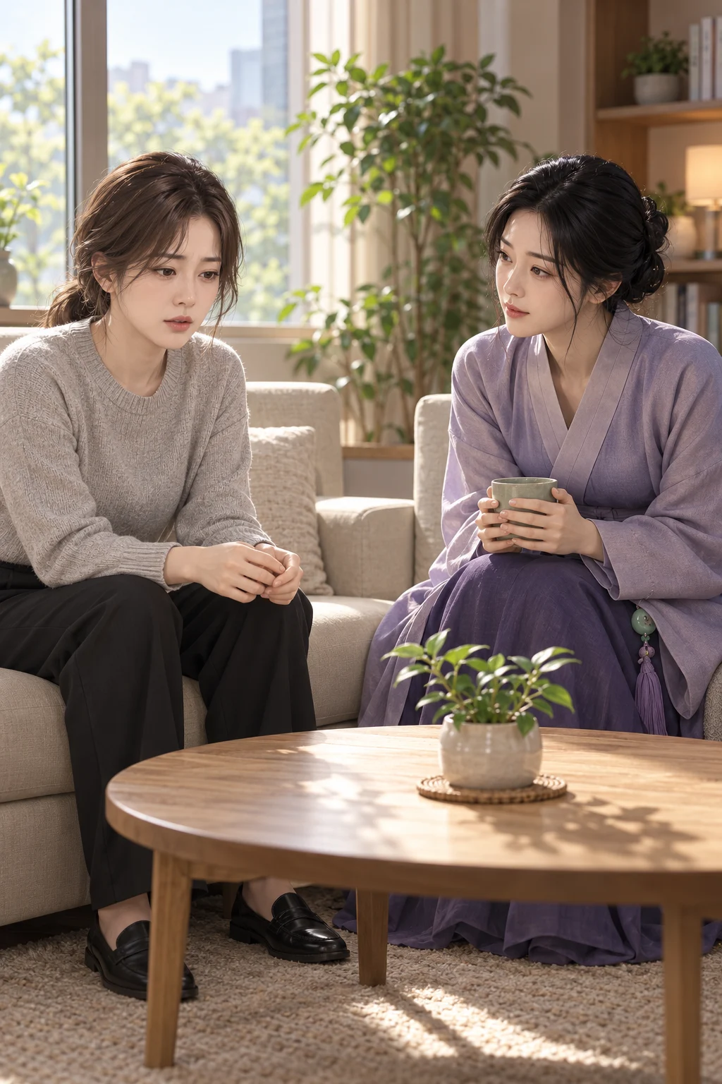 그 저녁 이야기 — 윤아가 상담실 소파에 앉아 금요일 저녁 이야기를 꺼내고, 달빛 선녀가 맞은편에서 듣고 있어요.