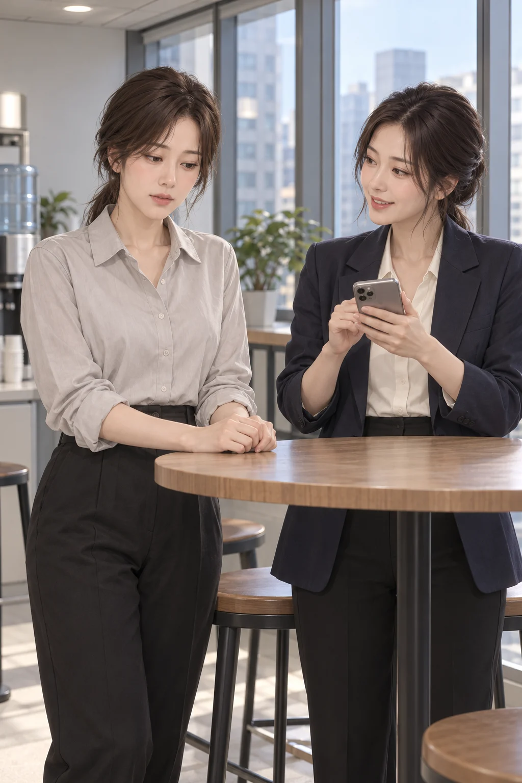 약속이 정해져요 — 민정이 휴대전화 일정 화면을 보며 윤아에게 말을 건네요. 윤아는 탁자 옆에 서서 듣고 있어요.