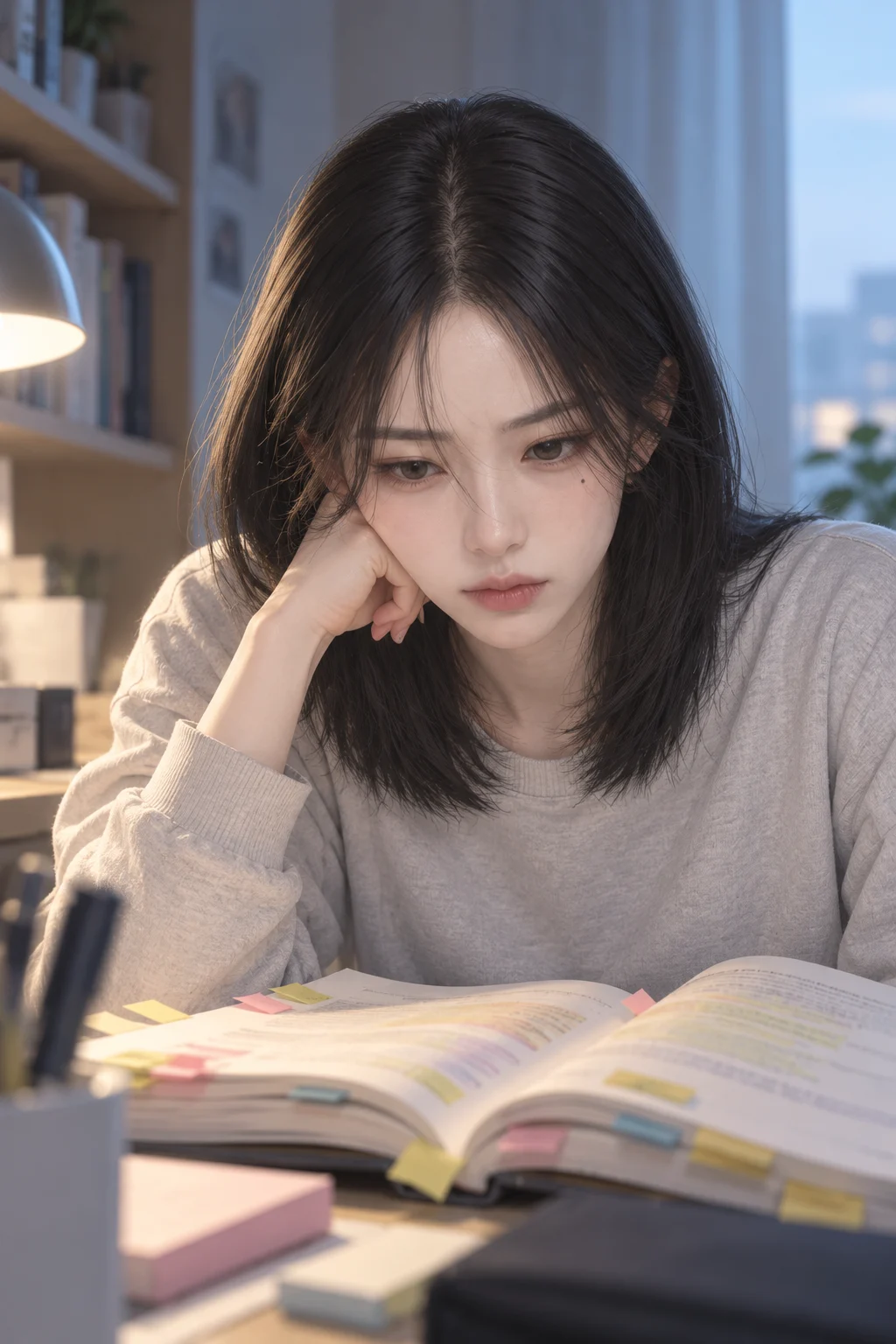 — 다은이 책을 펼쳐 둔 채, 접힌 페이지와 밀린 분량을 표시한 메모를 바라본다.
