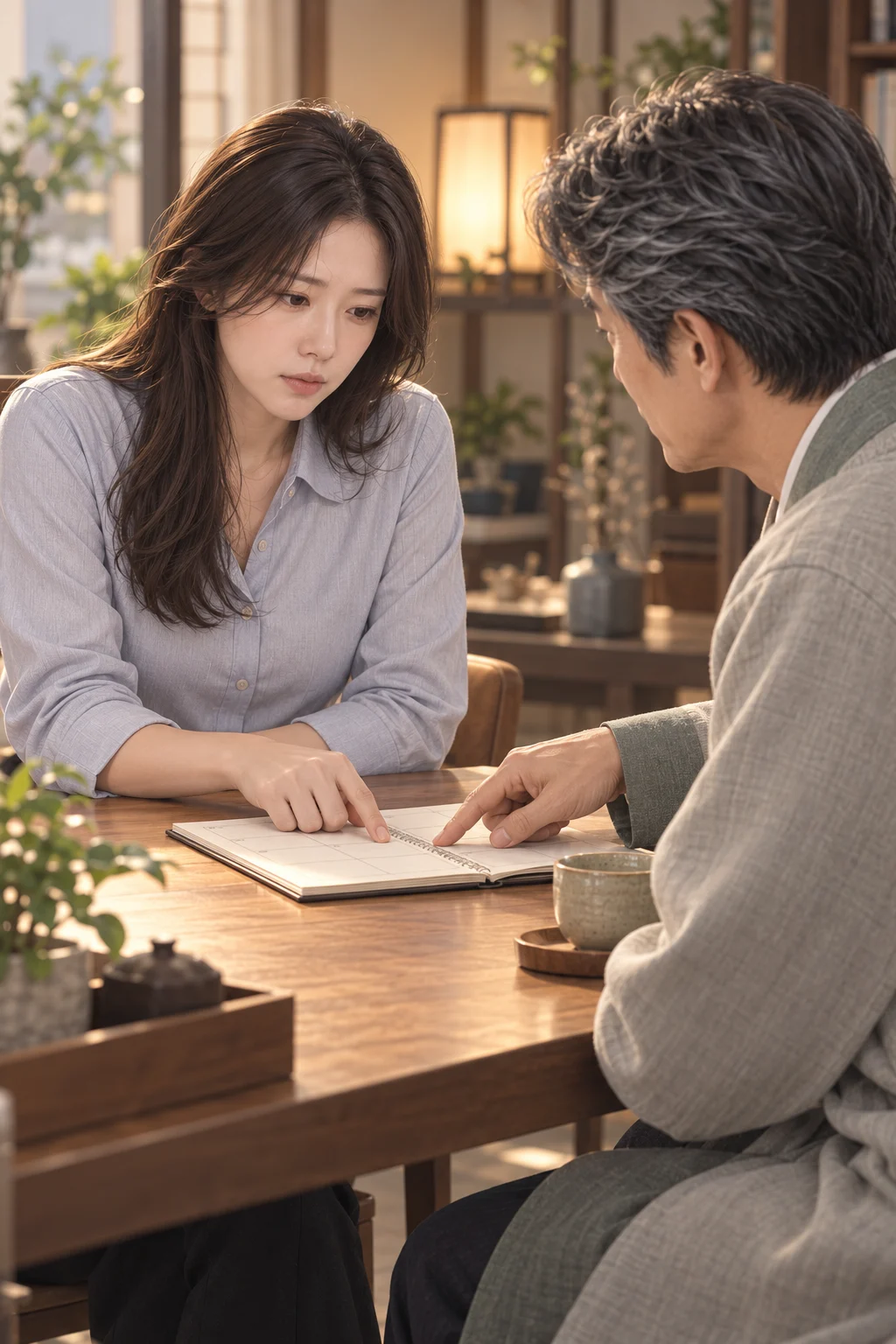 비워 둔 저녁 — 다은이 펼친 노트의 저녁 칸을 손가락으로 누르고, 온유 선생이 그 칸을 가리켜요.