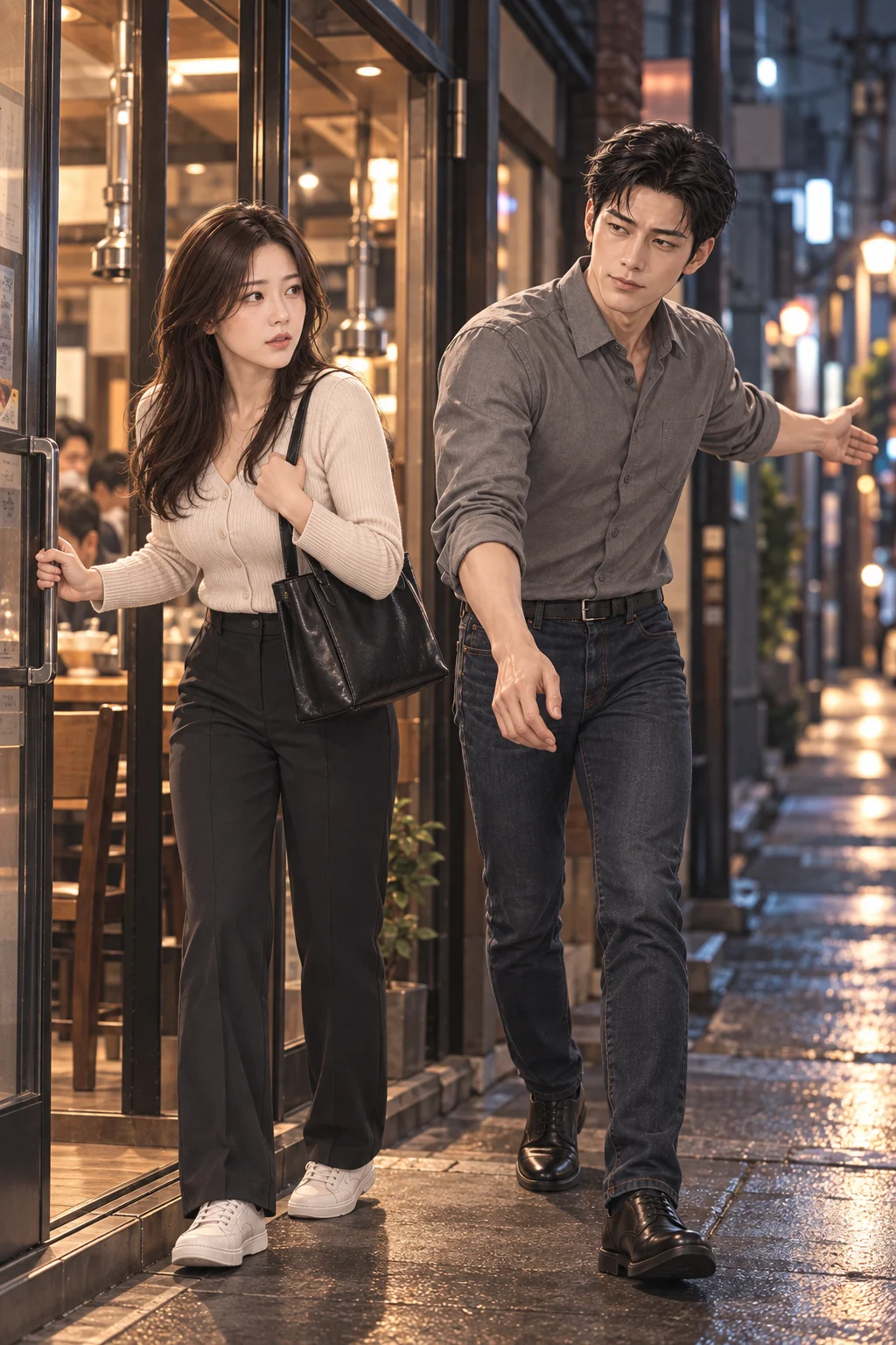 손잡이를 잡은 채 — 다은이 출입문 손잡이를 잡자 박 대리가 골목 쪽으로 손을 뻗어요.