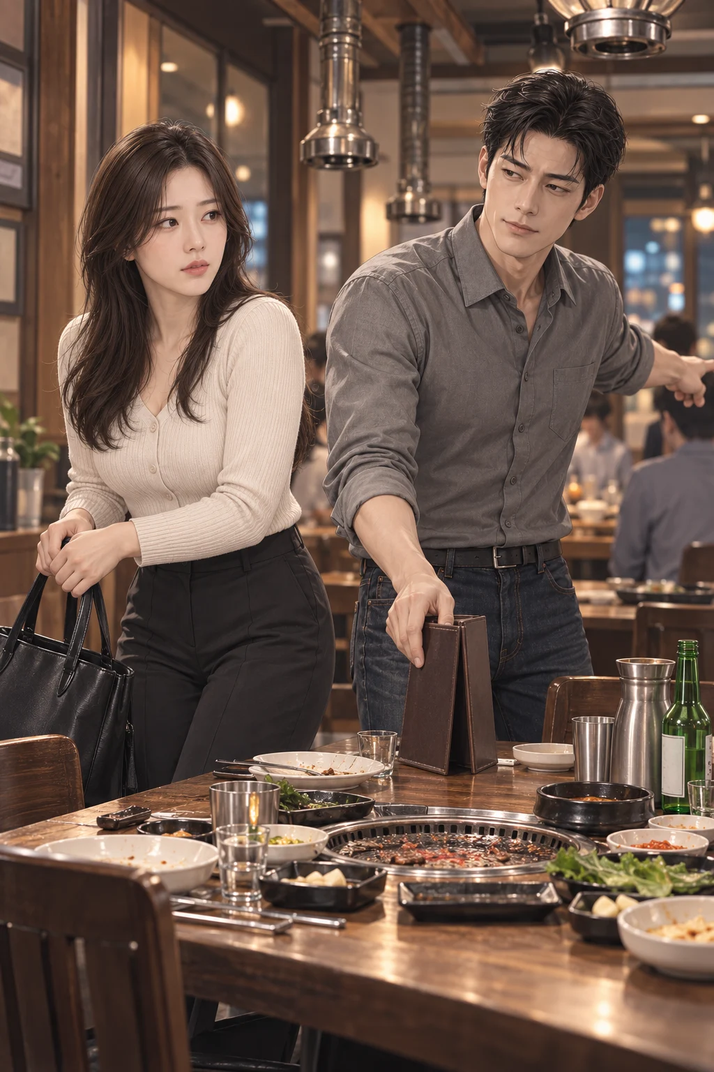 2차가 정해진 밤 — 박 대리가 메뉴판을 접어 테이블 가운데 세우고, 다은은 의자 옆에 둔 가방을 들어요.