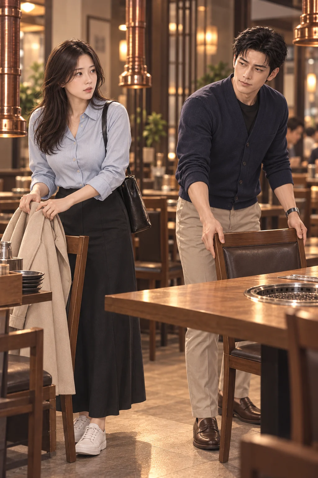 다시 빠진 옆자리 — 박 대리가 다은이 앉기도 전에 옆 의자를 빼 두고, 다은은 손에 든 코트를 그 의자 등받이에 걸어요.