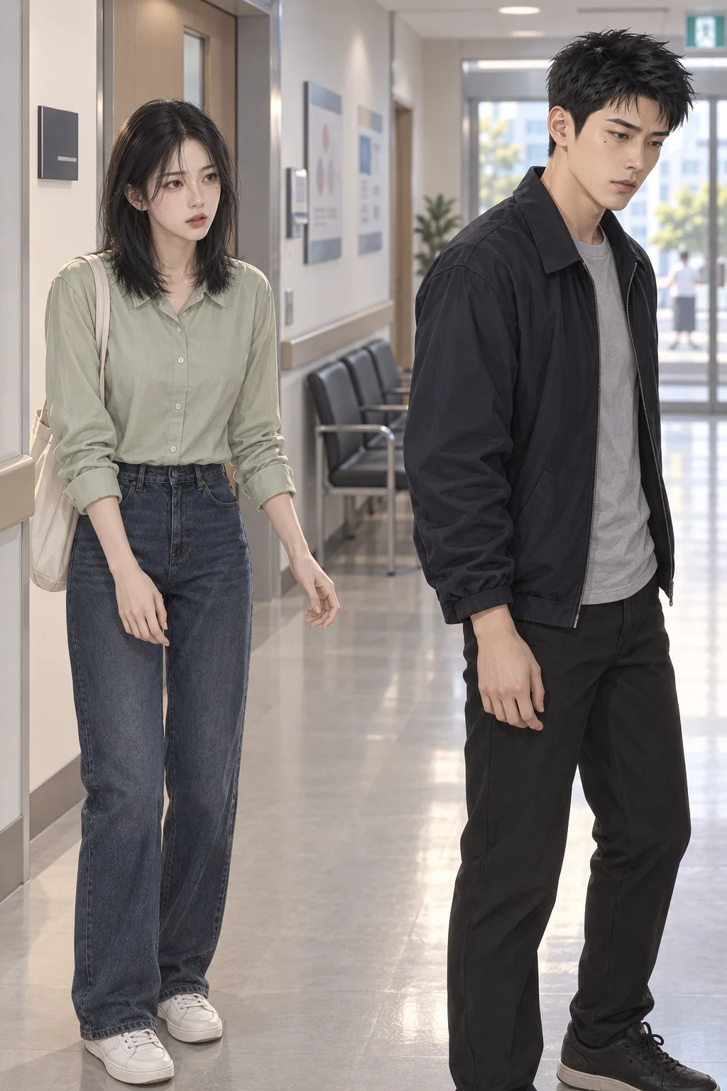 먼저 멀어진 쪽 — 진료실에서 나온 현우가 수아의 손을 놓고 복도 출구 쪽으로 반걸음 물러선다. 수아는 현우를 바라본다.