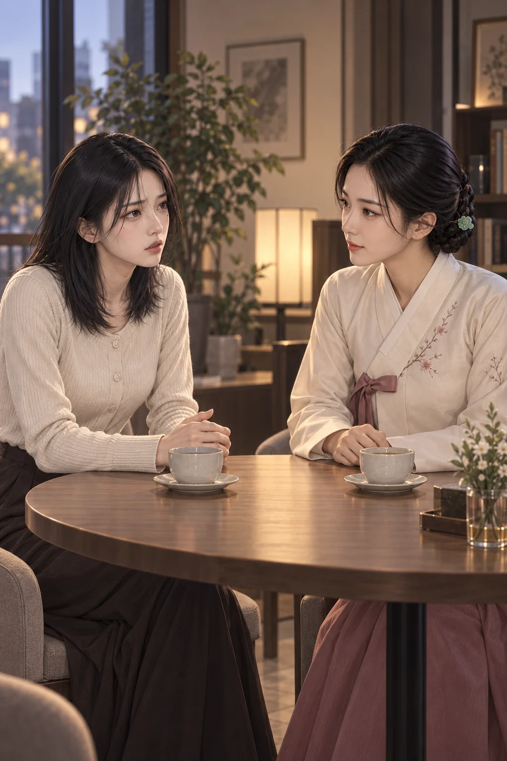 결과보다 먼저 — 연화 신녀가 탁자 건너 수아를 바라보며 묻는다. 수아는 식은 찻잔에서 손을 떼고 고개를 들어 대답한다.