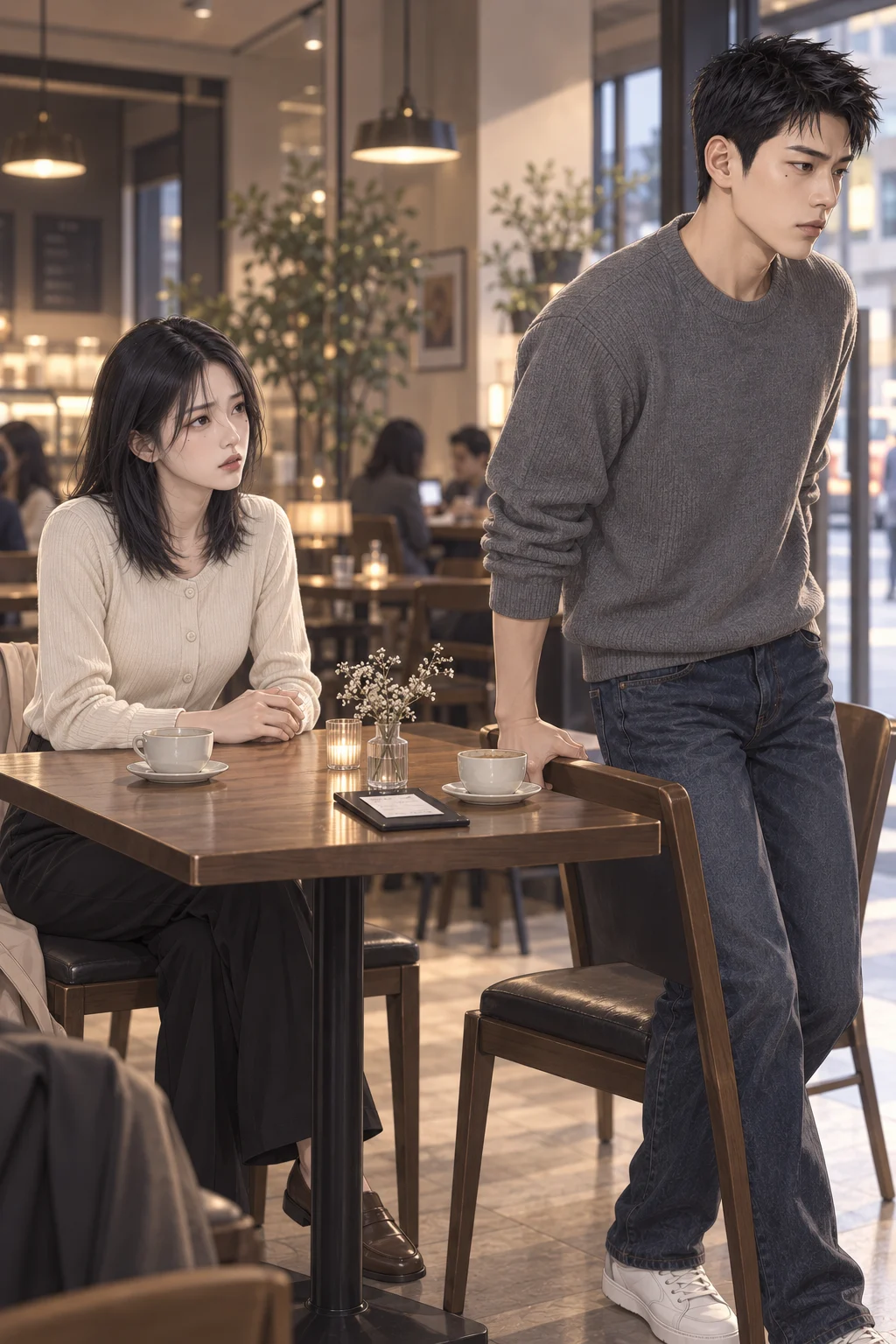 남겨진 찻잔 — 수아가 맞은편 현우를 보며 진료 이야기를 꺼낸다. 현우는 다 마시지 않은 찻잔을 두고 의자를 뒤로 밀며 일어난다.