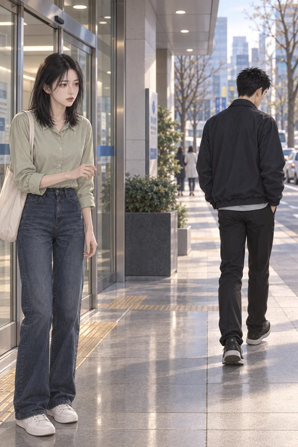 짧아진 대답 — 현우가 먼저 인도로 걸어 나가고, 수아는 자동문 앞에서 멈춰 선 채 그 뒷모습을 바라본다.