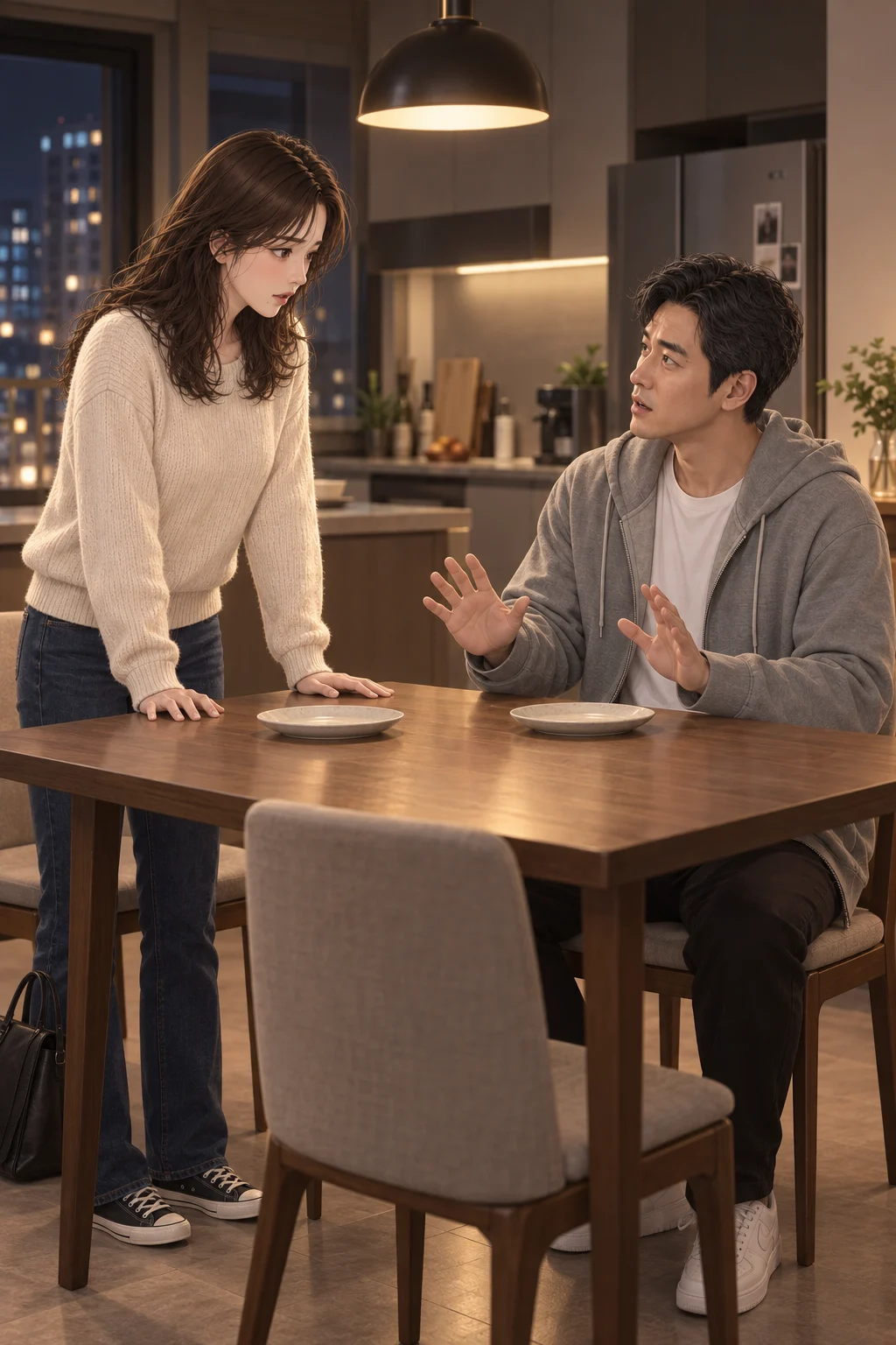 끝내 꺼낸 말 — 준호는 식탁 의자에 앉아 손바닥을 펴 보이고, 서하는 맞은편에서 가방을 내려놓은 뒤 두 손을 식탁 위에 올려요.