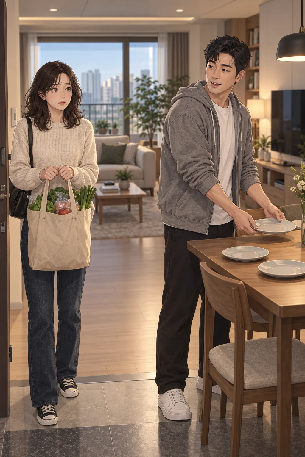 묻지 않은 초대 — 서하는 장바구니를 든 채 현관에 서 있고, 준호는 식탁에 접시 세 장을 놓은 뒤 서하를 돌아봅니다.