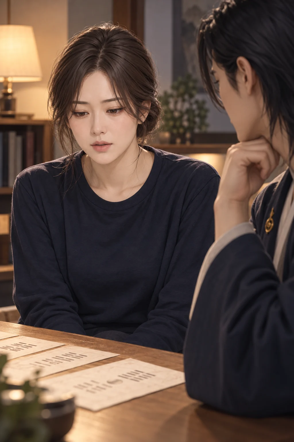At the threshold of speaking — Jimin starts to speak, then stops.