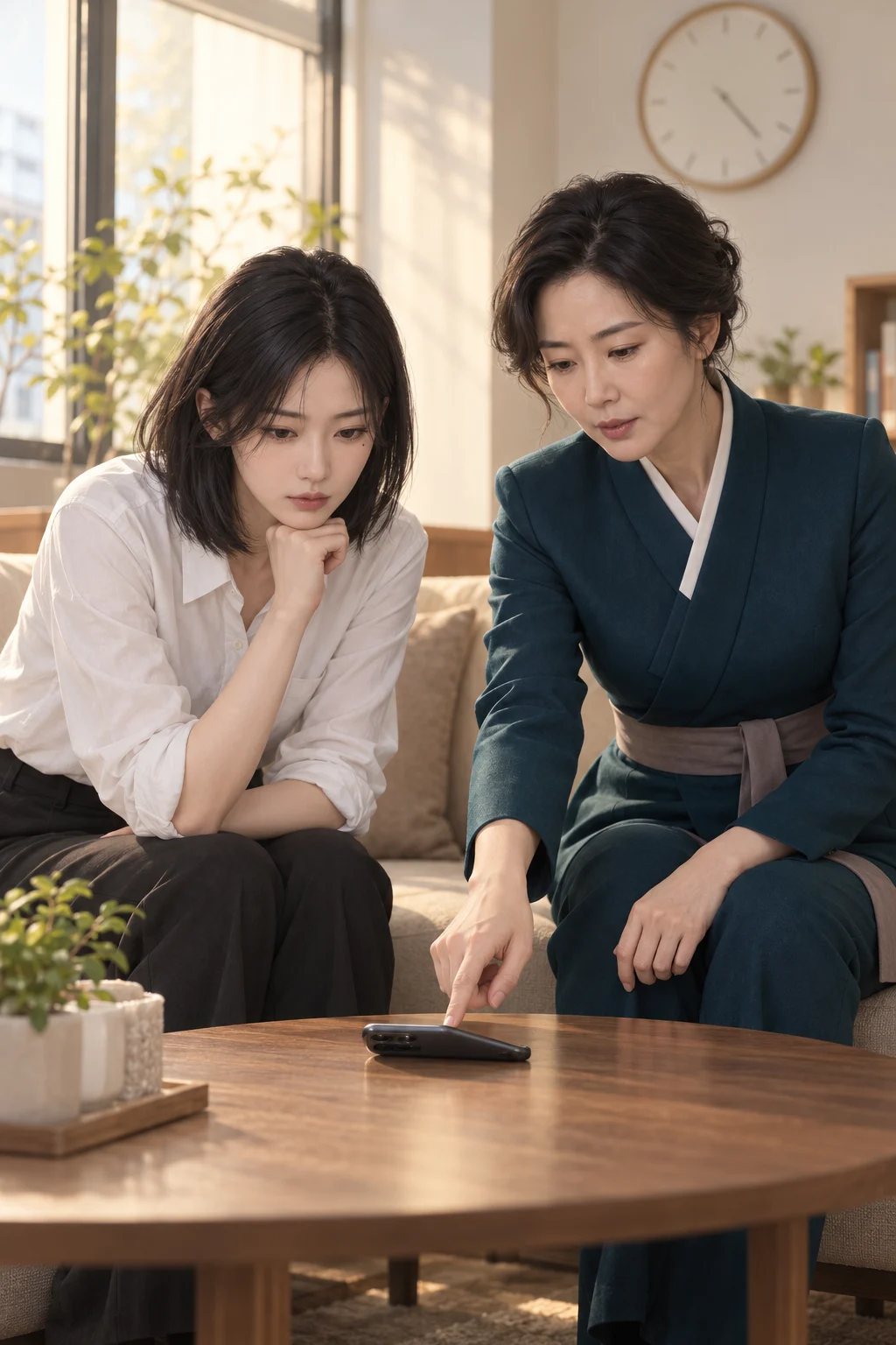 이름부터 살폈어요 — 유진이 휴대전화를 탁자 위에 두고 프로필을 보여줘요. 수호 선생이 화면을 가리키며 계정 이름과 소개 문구를 함께 살펴요.