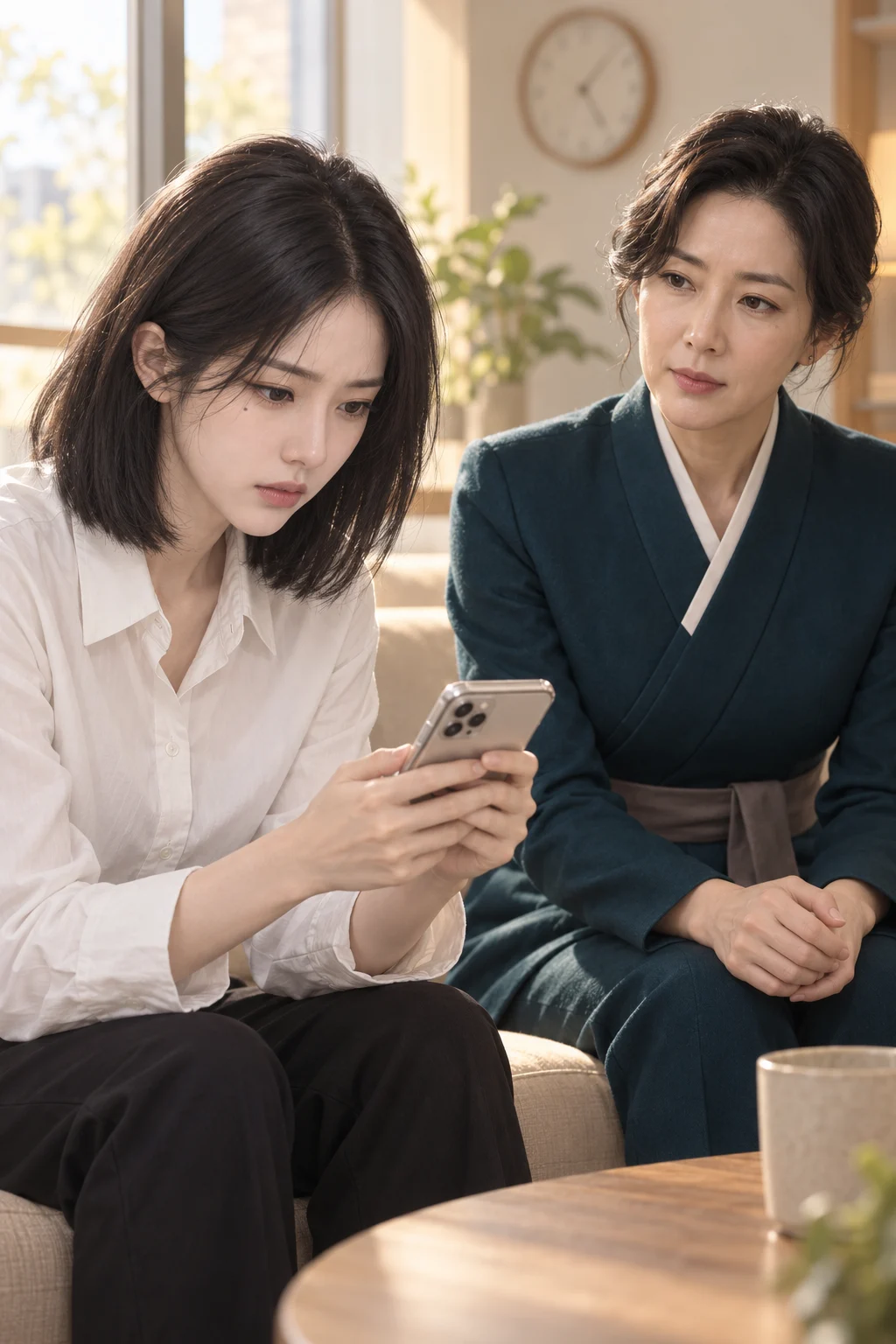 답장은 아직 — 유진이 휴대전화의 답장 입력창을 열어 둔 채 화면을 바라봐요.