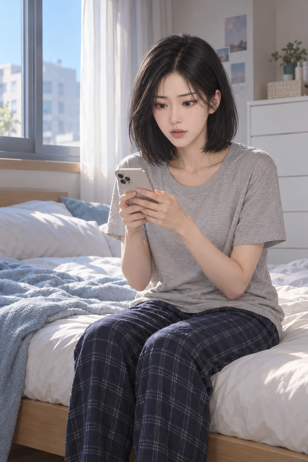 축하가 먼저 왔어요 — 유진이 침대 가장자리에 앉아 휴대전화의 생일 축하 알림을 읽어요.
