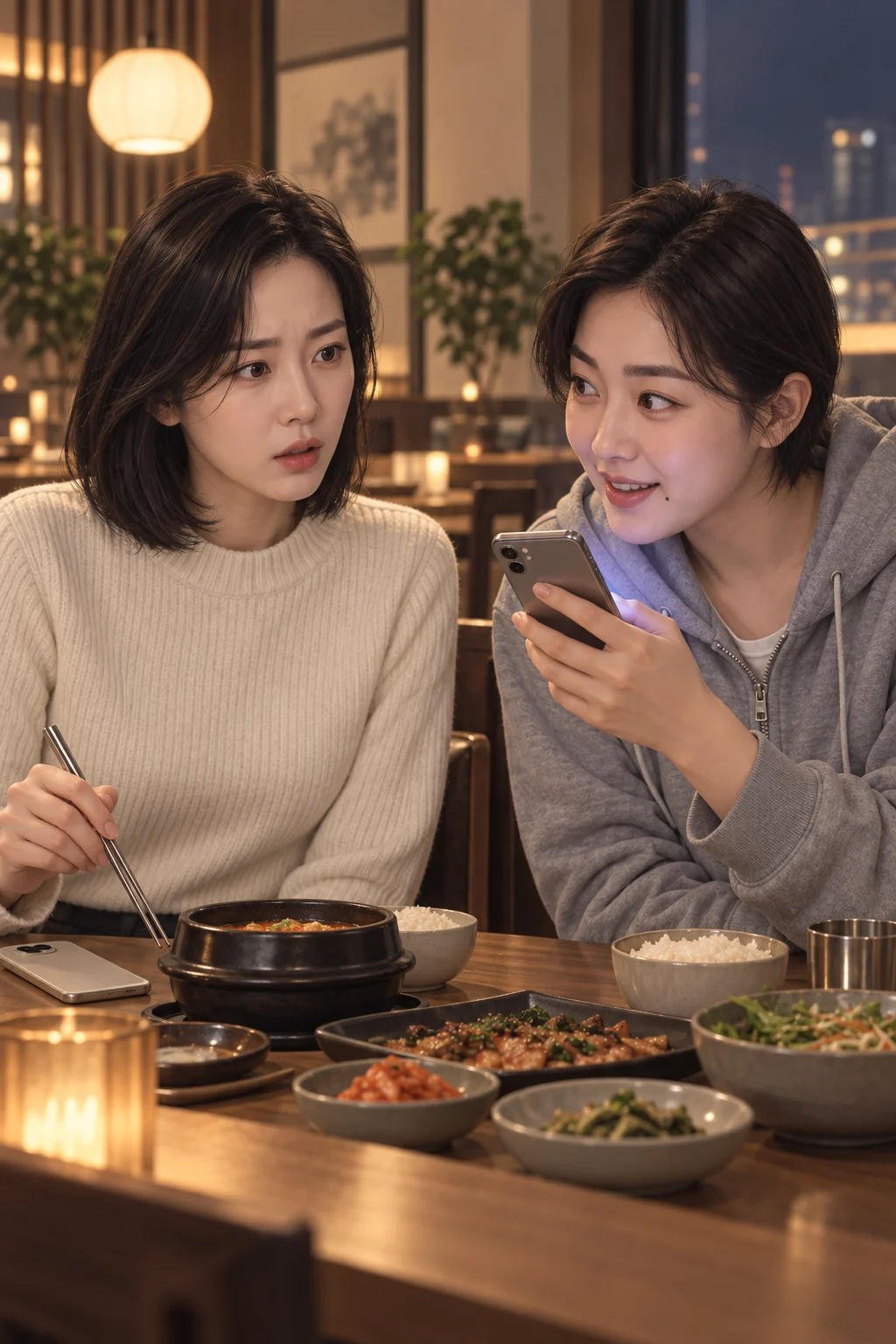 목소리가 올라온 밤 — 다은이 젓가락을 내려놓고 지민의 휴대전화 쪽을 바라본다. 지민의 휴대전화에서 다은의 음성 메시지가 흘러나온다.