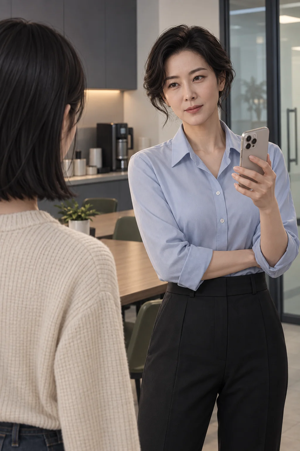 다시 놓인 문장 — 현지가 다은이 개인적으로 보낸 문장을 다른 동료에게 보여 주던 휴대전화를 다은 쪽으로 돌린다. 다은은 테이블 끝에 선 채 화면 대신 현지의 얼굴을 본다.