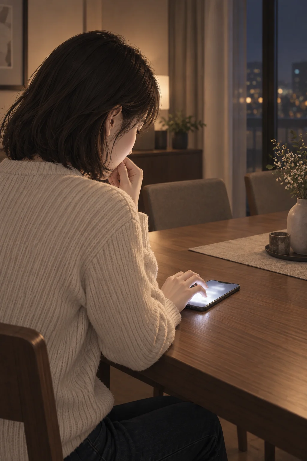 끝내 지운 문장 — 다은이 지민과의 대화창에 문장을 쓰다가 지운다. 휴대전화는 식탁 위에 놓여 있고, 다은은 화면을 향해 몸을 숙인 채 한 손을 입가에 댄다.