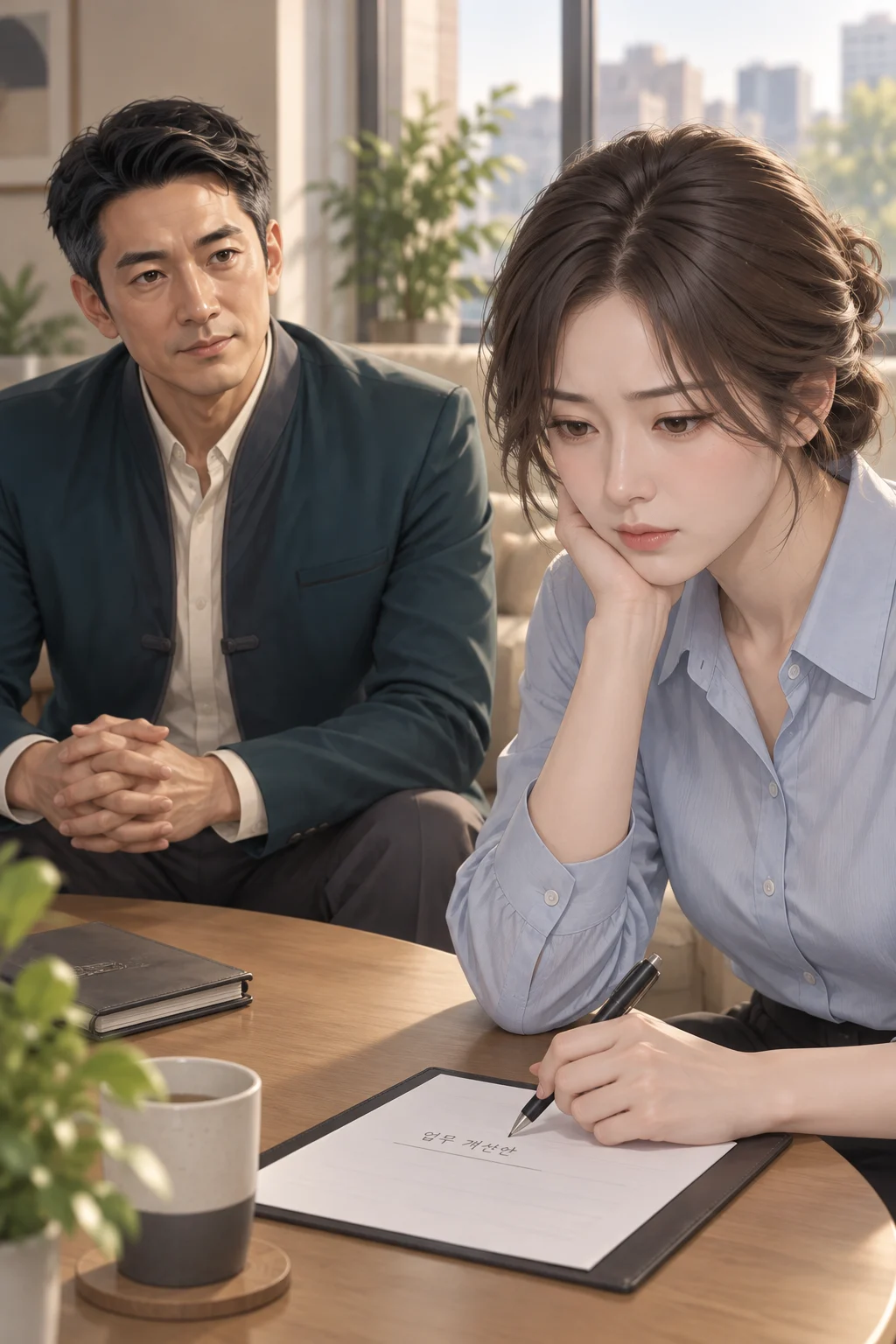 지민: 제 일이라고 쓰면, 어디부터 써야 할지 모르겠어요. — 지민이 종이 위에 적힌 ‘업무 개선안’을 바라보다가 펜을 종이 위에 댄 채 멈춘다.