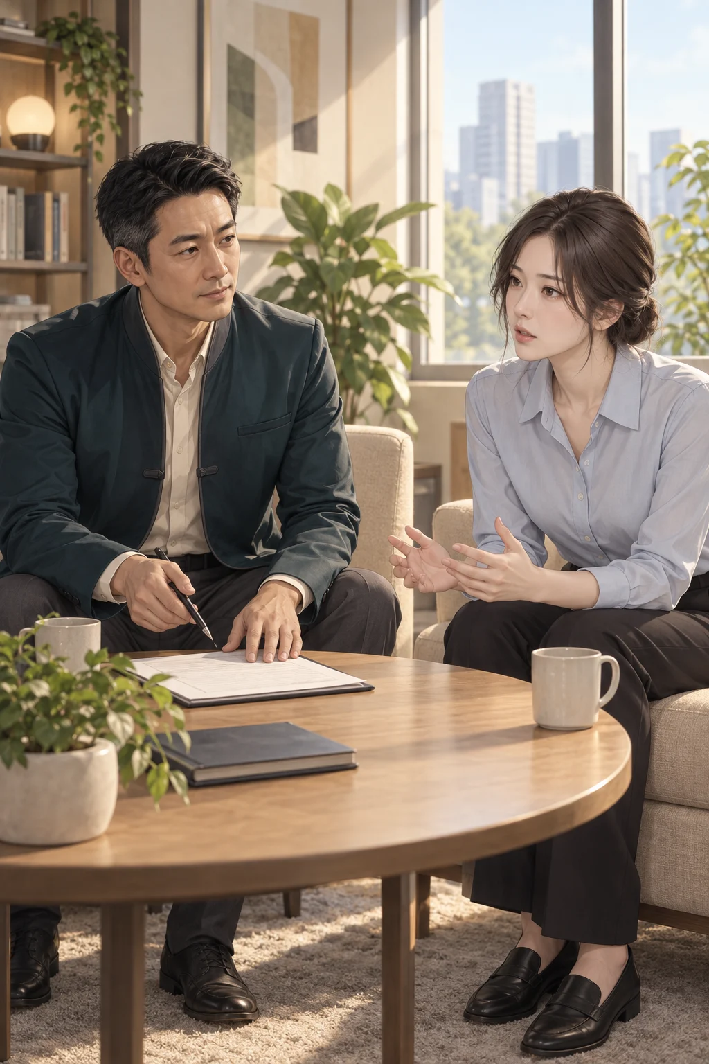 지민: 팀장님이 제 개선안을 자기 성과로 올렸어요. — 지민이 팀장이 자기 개선안을 성과 보고에 넣었다고 말하고, 백호 선생은 누가 그 일을 맡았고 어떤 결과가 나왔는지 나눠 보자고 제안한다.