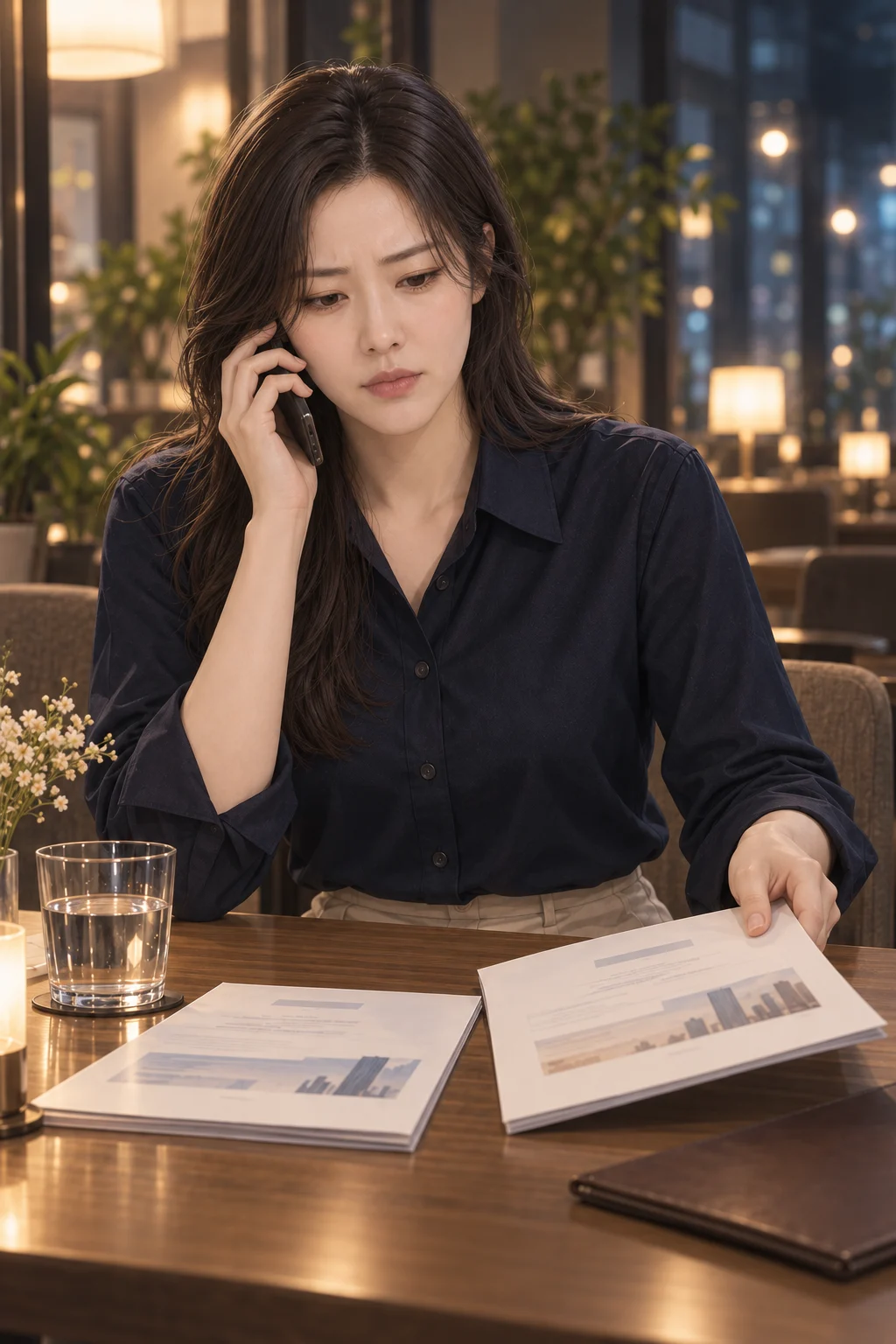 한쪽부터 고르기 — 은재가 전화기를 귀에 댄 채 한쪽 제안서를 집어 들었다가 다시 테이블에 내려놓아요.