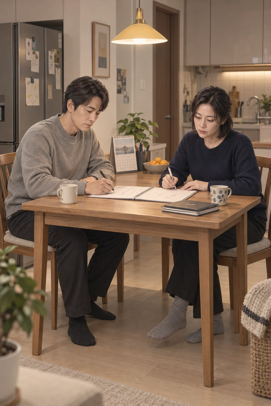 — 서연이 달력에 어머니 병원 동행 날짜를 옮겨 적고, 남편이 옆에서 다음 달 자신의 야근 날짜를 먼저 적는다.