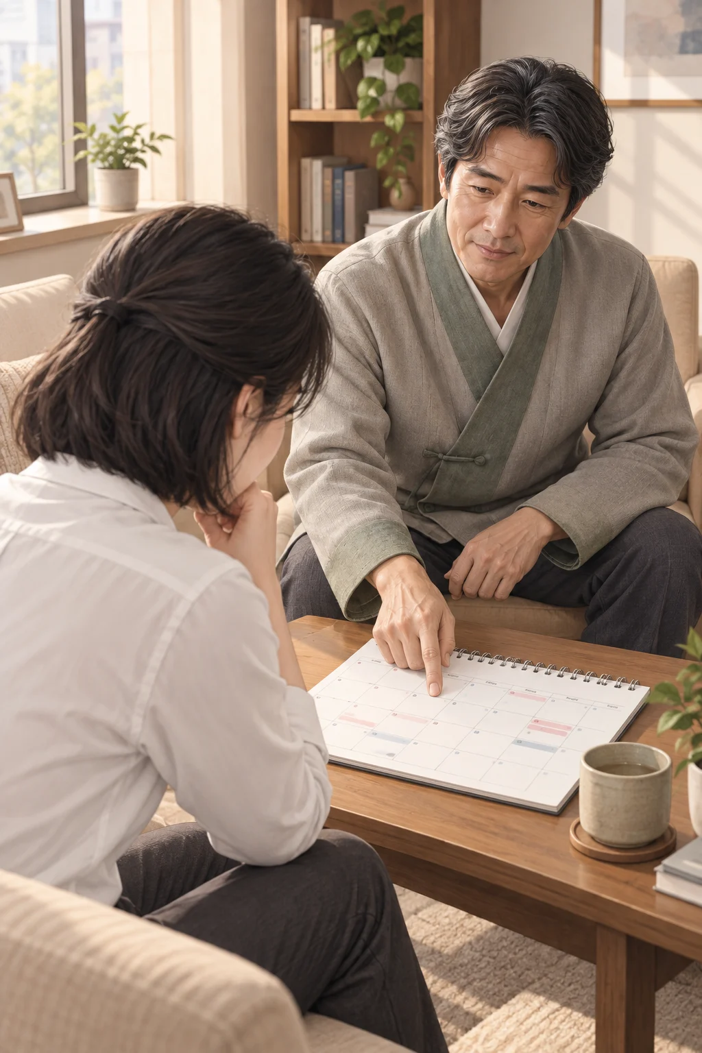 — 서연이 달력을 탁자 위에 펴고, 온유 선생이 한 주의 작은 빈칸을 가리킨다.
