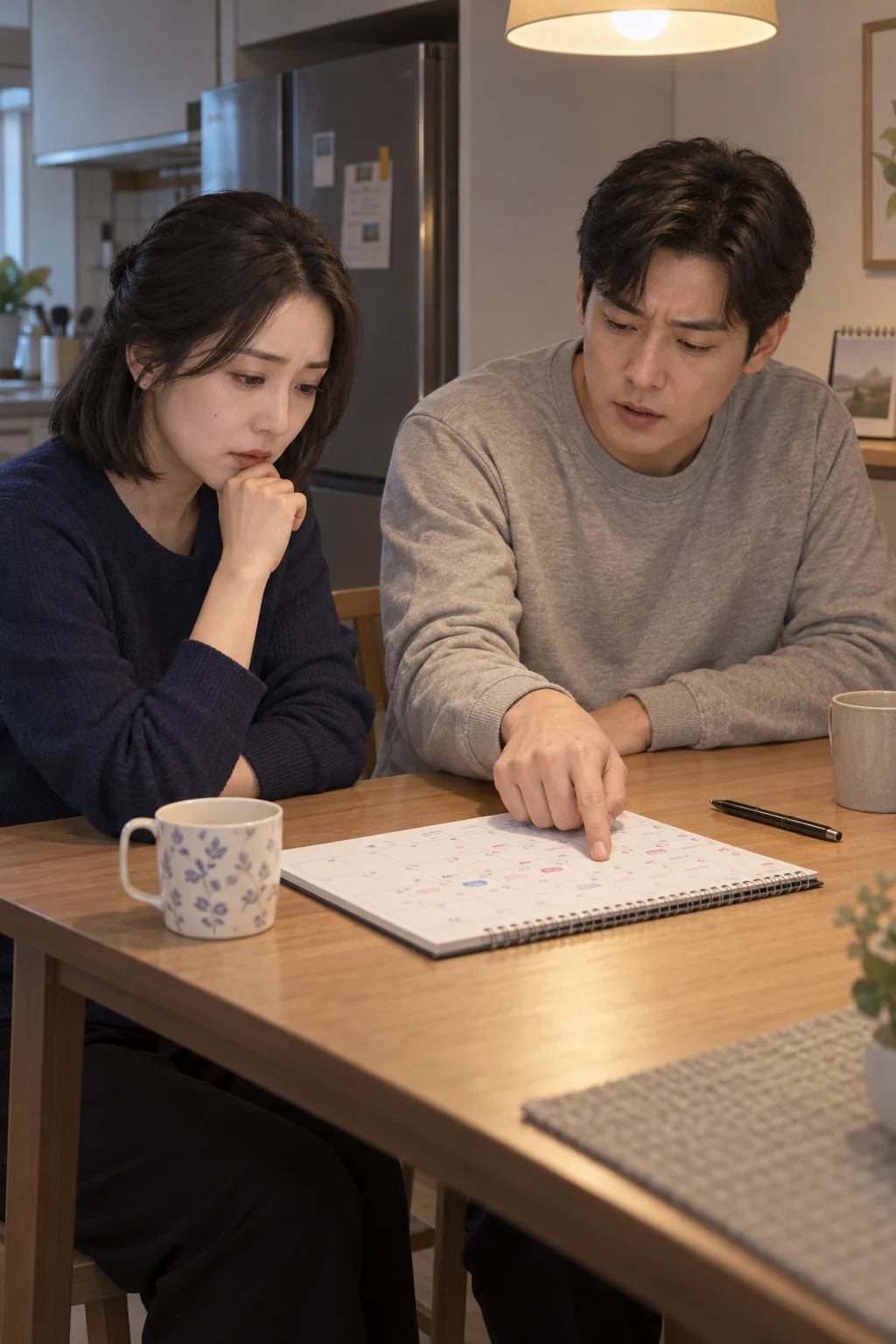 — 남편이 펜을 식탁에 내려놓고 달력의 같은 주를 가리킨다. 서연은 그 날짜를 바라본다.