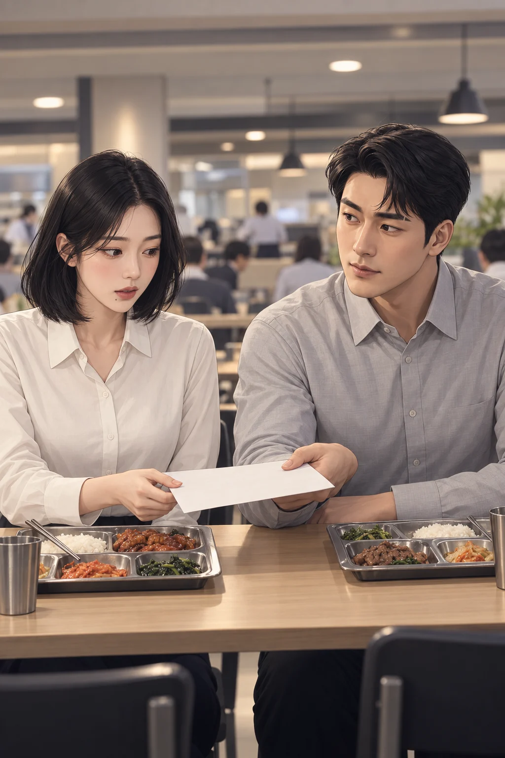 03 · 또 맡은 점심 — 민석이 다음 발표 일정표를 유나 앞에 밀어 놓는다. 유나는 젓가락을 내려놓고 일정표를 받아 든다.
