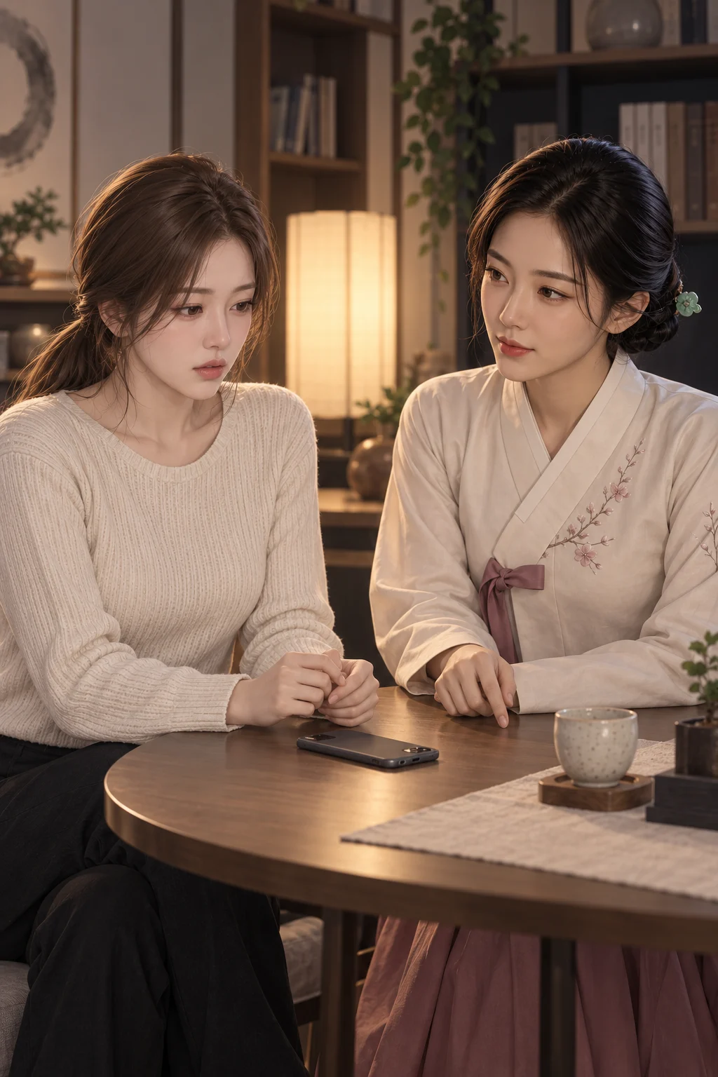 같은 밤의 침묵 — 수진이 휴대전화를 테이블에 내려놓고 연화 신녀에게 오늘의 일을 말해요.