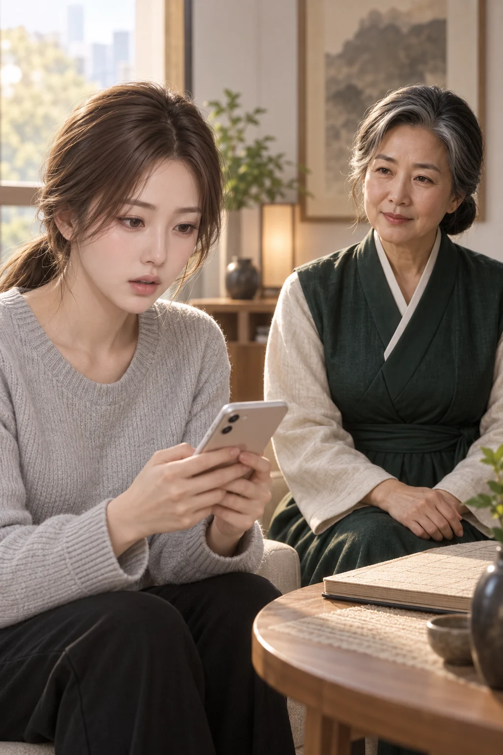 사과 뒤에 멈추다 — 하린이 휴대전화의 사과 메시지를 바라보다가 만신의 말을 듣습니다.