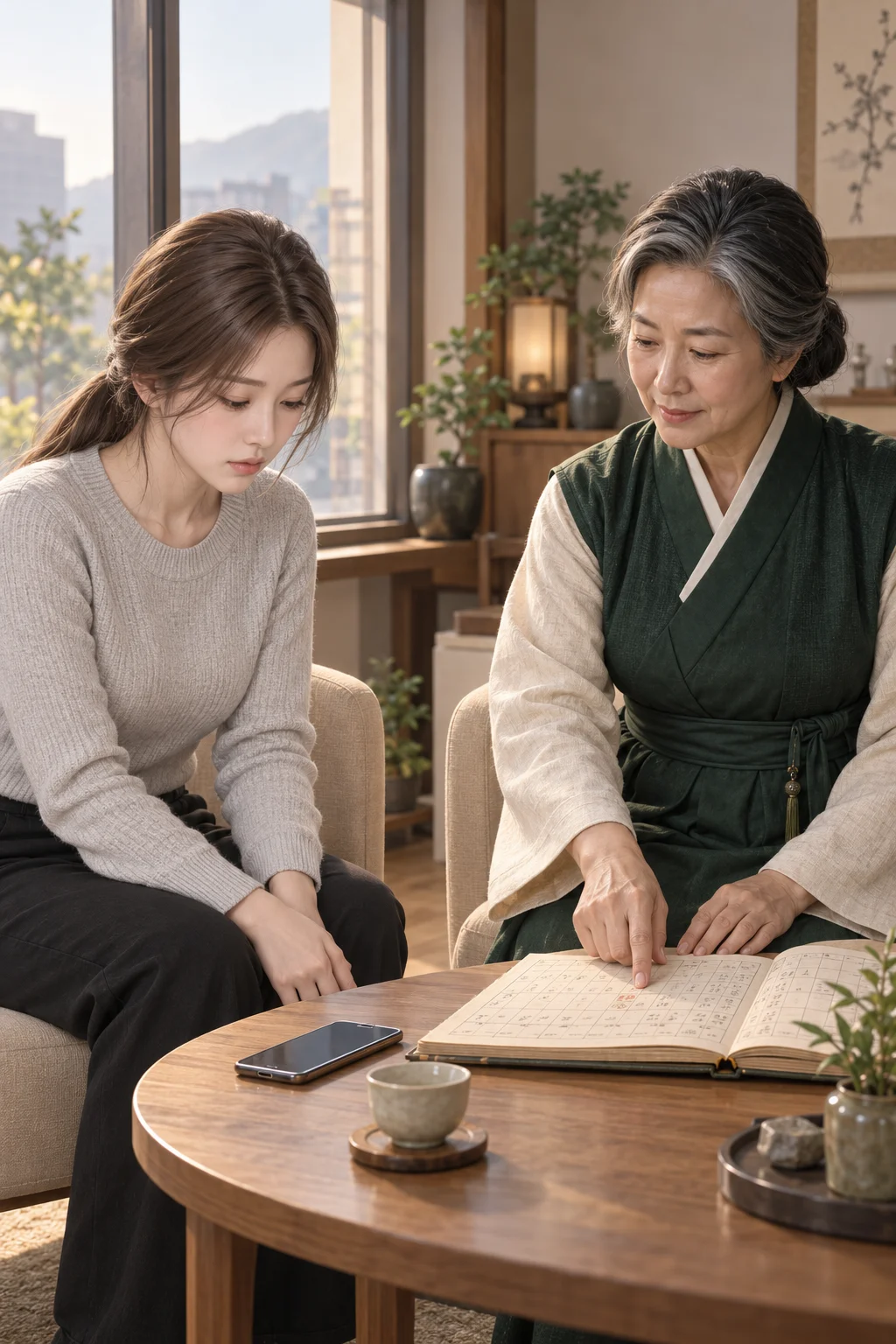오늘 날짜를 짚다 — 하린이 일진을 물었고, 만신이 펼친 만세력에서 오늘 날짜를 짚습니다.