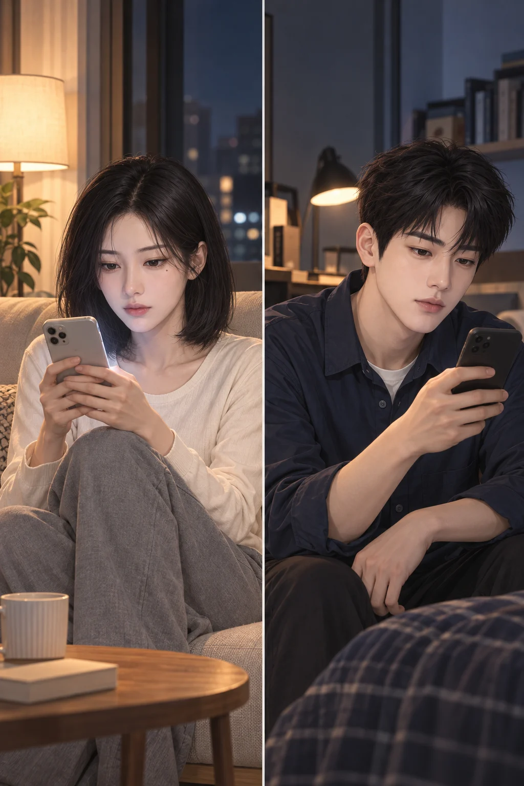 A time chosen in advance — Jiwoo sits on the sofa and reads a message on her phone. It gives the time for their evening plans, which Minjae chose without asking her.