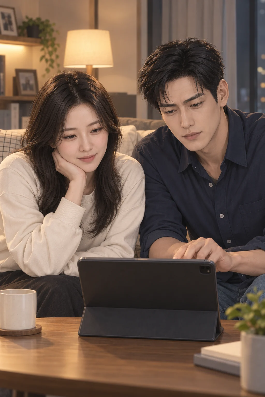 오래된 사진 — 민지가 재현과 나란히 앉아 태블릿의 오래된 사진을 넘겨 본다.