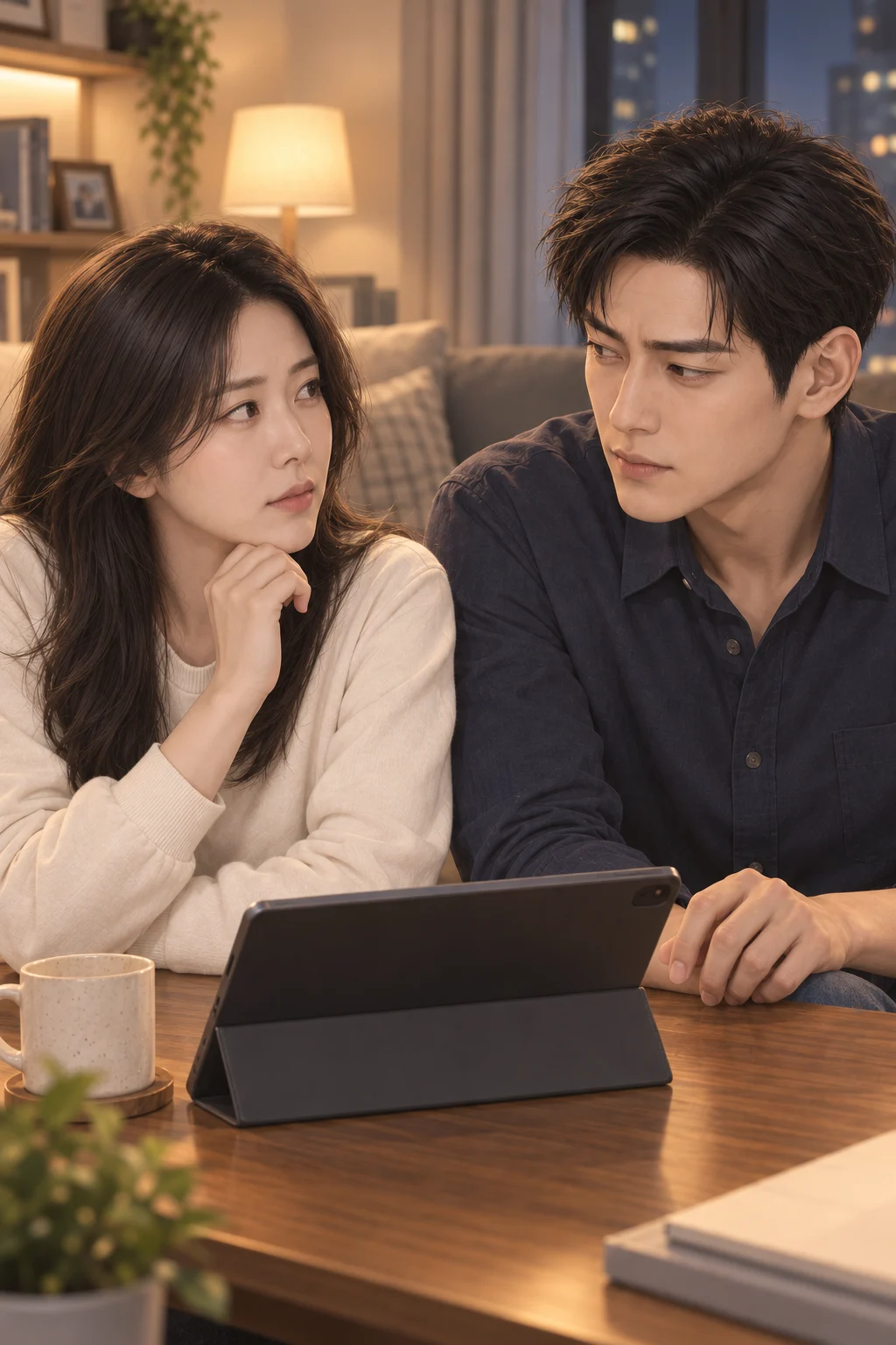 넘기지 못한 장 — 재현이 태블릿에서 시선을 들어 민지를 바라보고, 민지는 사진 화면을 그대로 둔다.