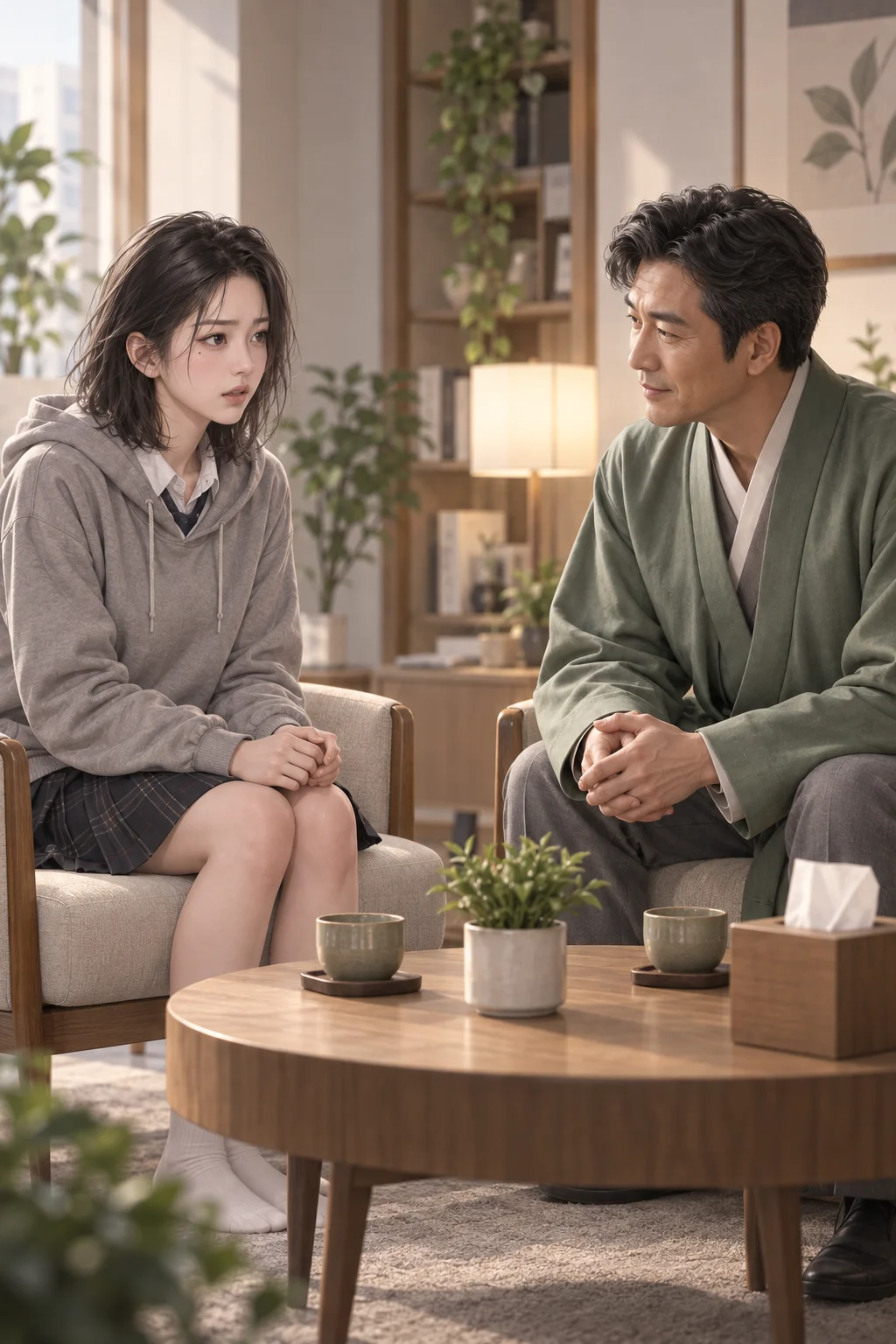 처음부터 확인해요 — 유나가 상담가 맞은편에 앉아 아침마다 되풀이되는 일을 말해요. 청운 선생은 유나 쪽으로 몸을 기울여 조용히 들어요.